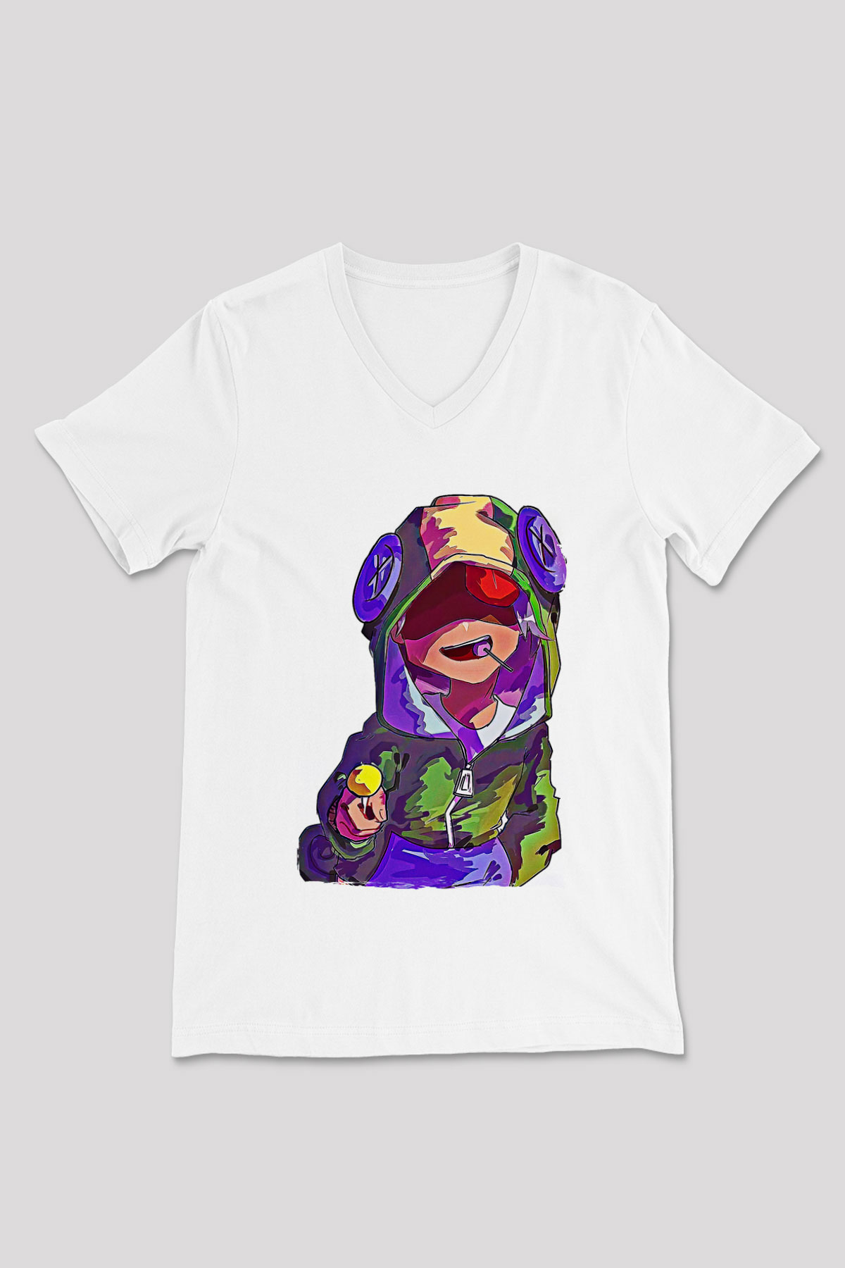 Brawl Stars Baskılı Beyaz Unisex V Yaka Tişört - Tshirt