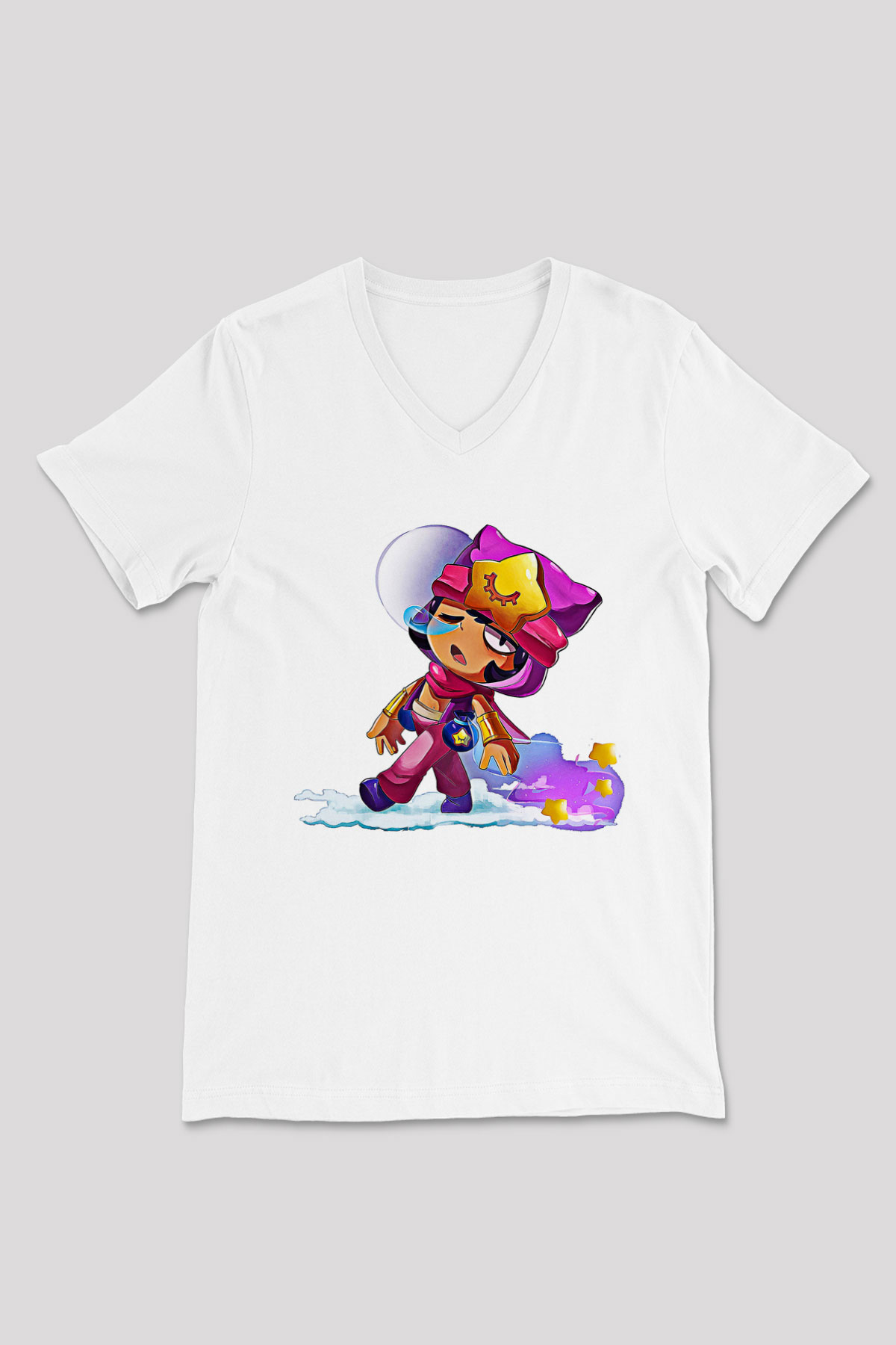 Brawl Stars Baskılı Beyaz Unisex V Yaka Tişört - Tshirt