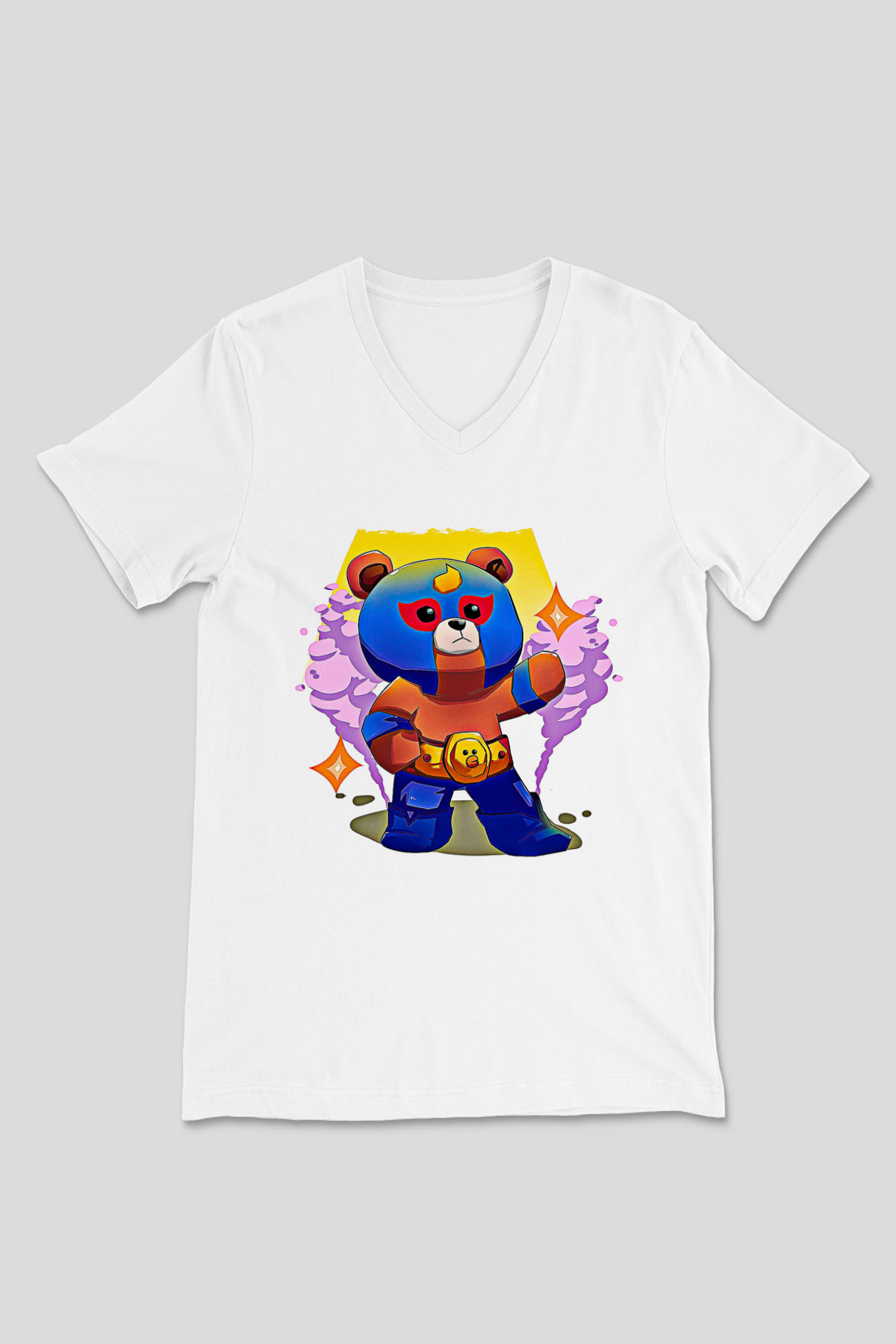 Brawl Stars Baskılı Beyaz Unisex V Yaka Tişört - Tshirt