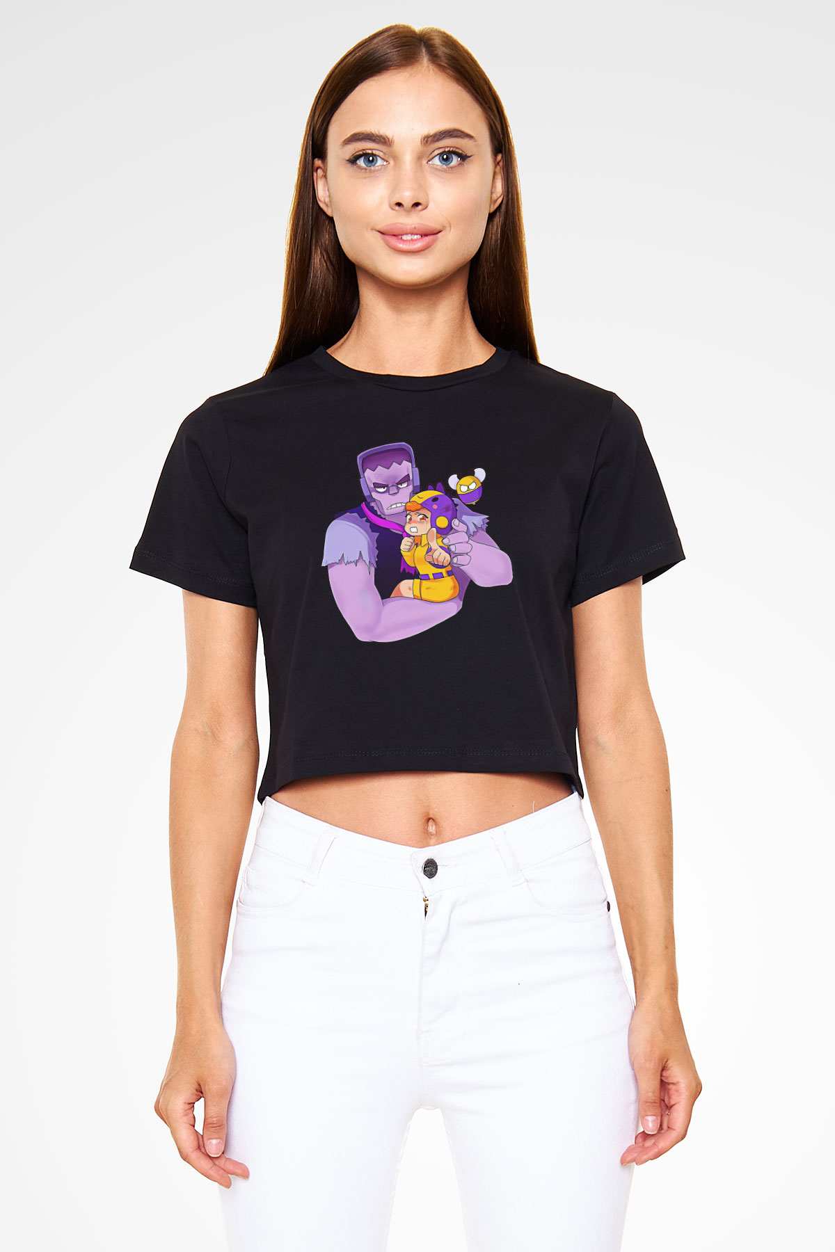 Brawl Stars Baskılı Siyah Crop Top Kadın Tişört - Tshirt