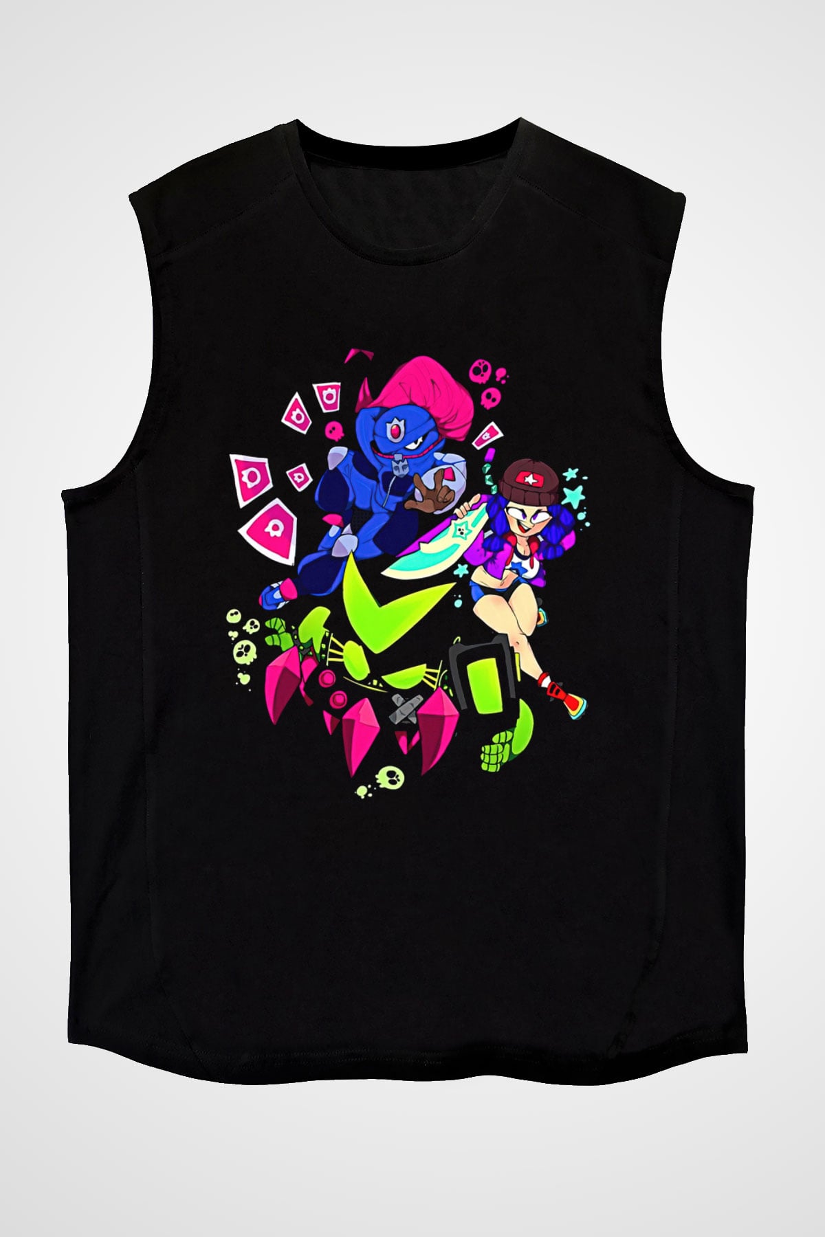 Brawl Stars Baskılı Unisex Siyah Kolsuz Tişört - Tshirt