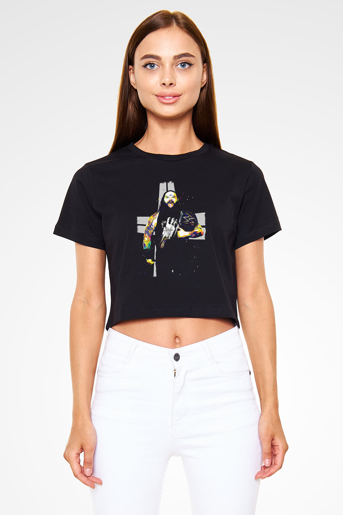 Bray Wyatt Baskılı Siyah Crop Top Kadın Tişört - Tshirt