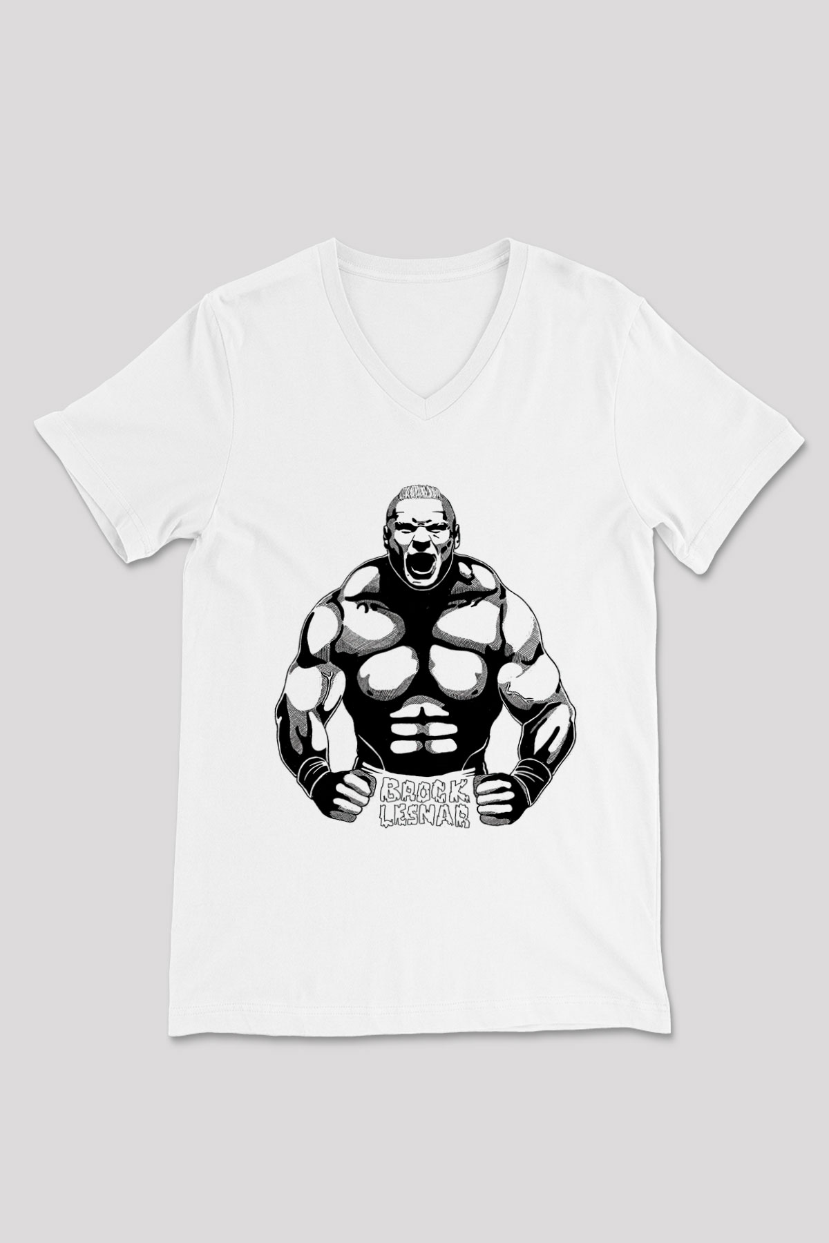 Brock Lesnar Baskılı Beyaz Unisex V Yaka Tişört - Tshirt