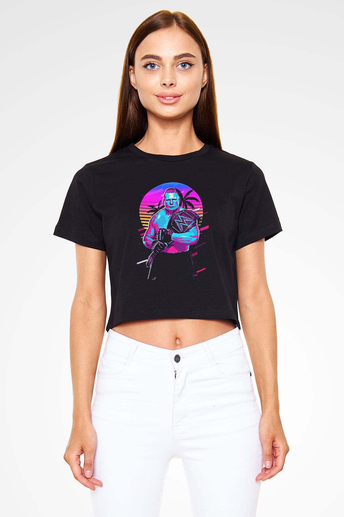 Brock Lesnar Baskılı Siyah Crop Top Kadın Tişört - Tshirt