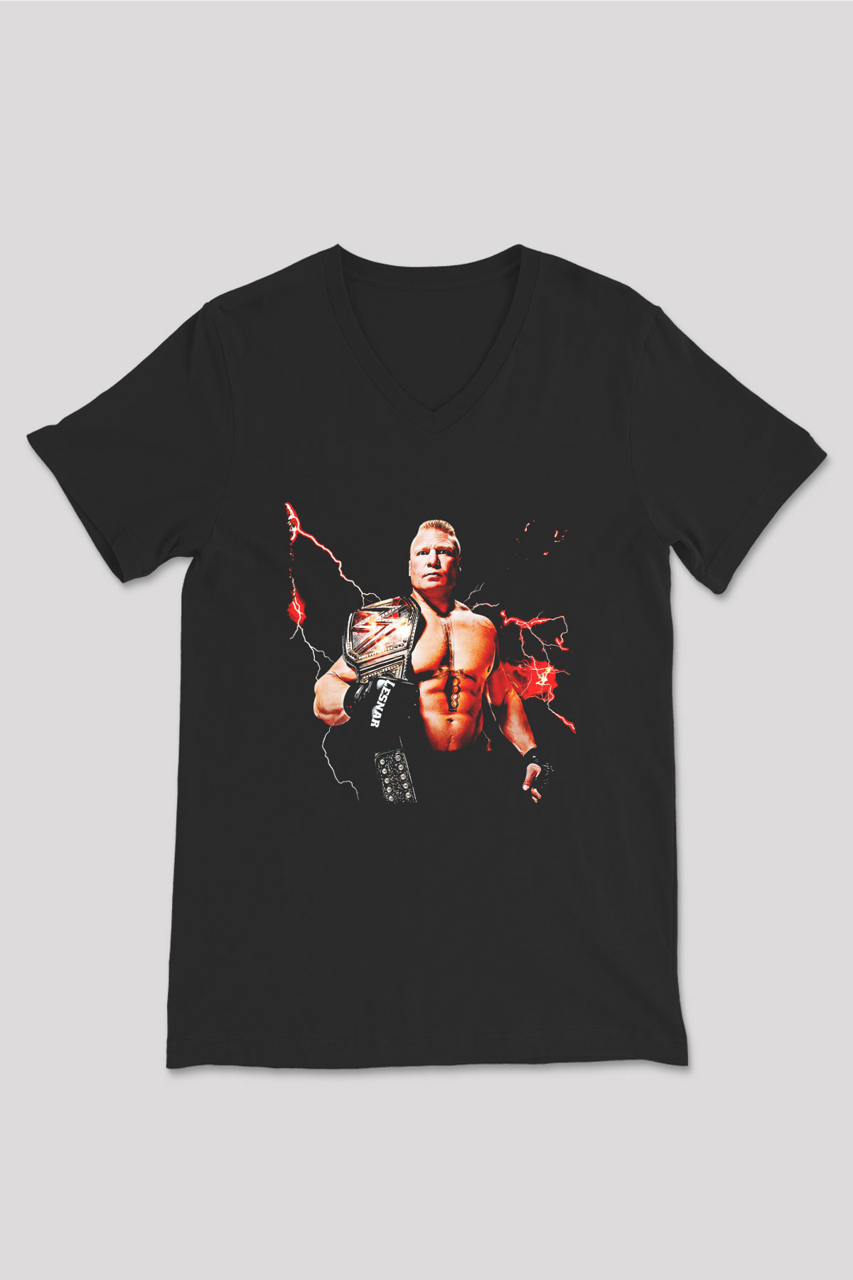 Brock Lesnar Baskılı Unisex Siyah V Yaka Tişört - Tshirt