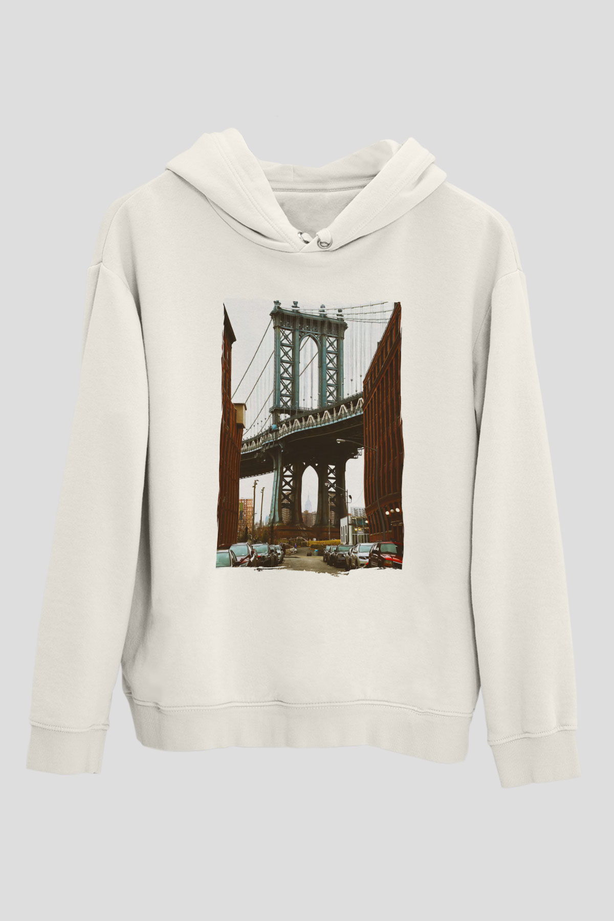 Brooklyn Köprüsü Beyaz Unisex Hoodie