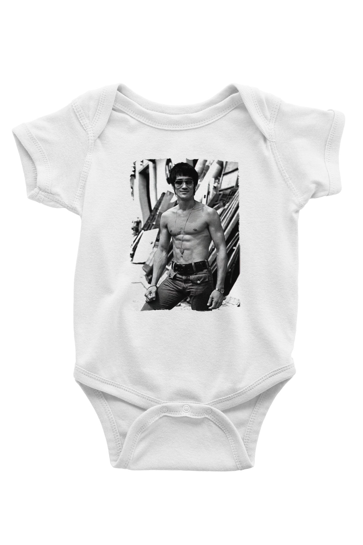 Bruce Lee Baskılı Beyaz Unisex Bebek Body - Zıbın