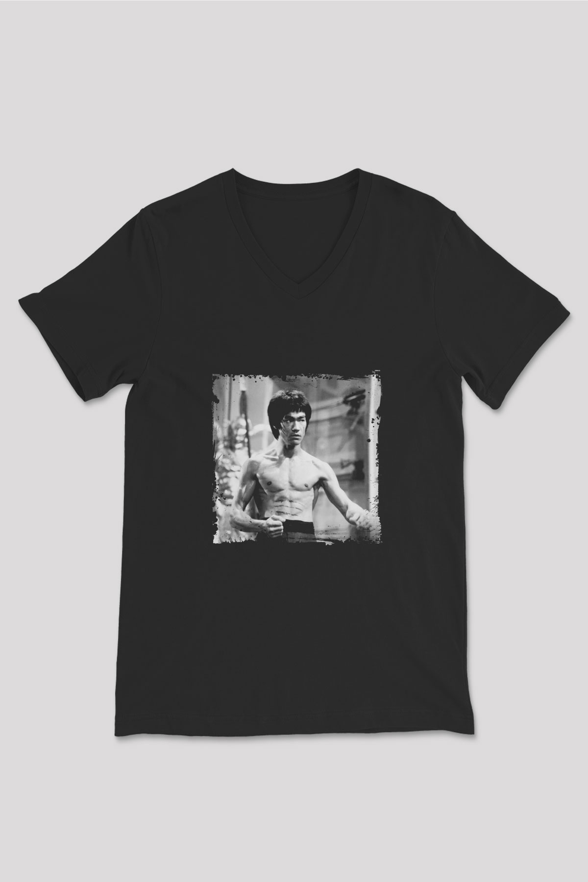 Bruce Lee Baskılı Unisex Siyah V Yaka Tişört