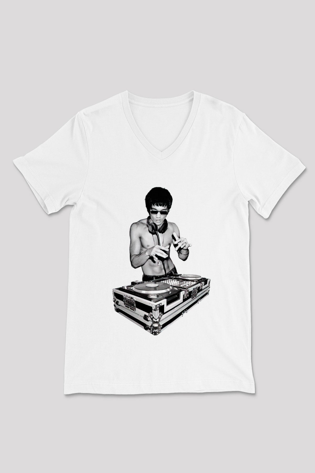 Bruce Lee Beyaz Unisex V Yaka Tişört T-Shirt