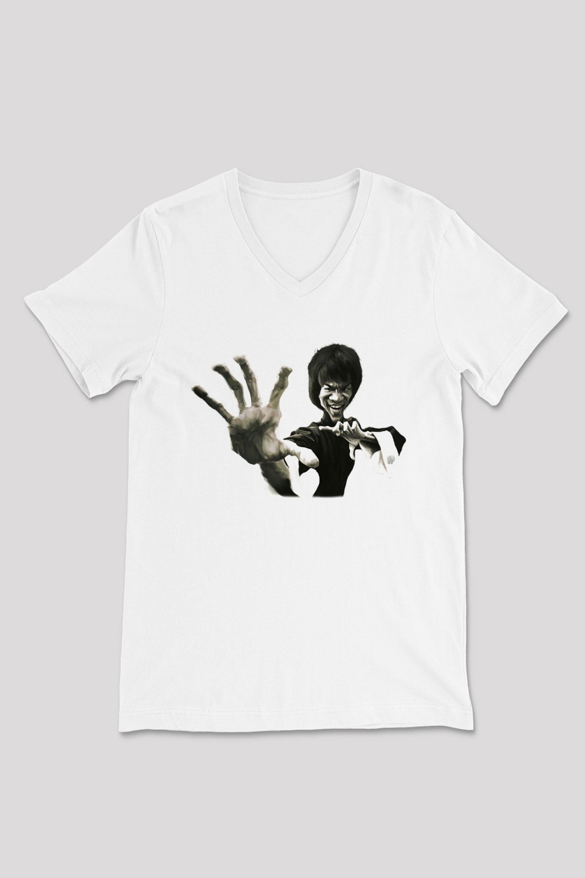 Bruce Lee Beyaz Unisex V Yaka Tişört T-Shirt
