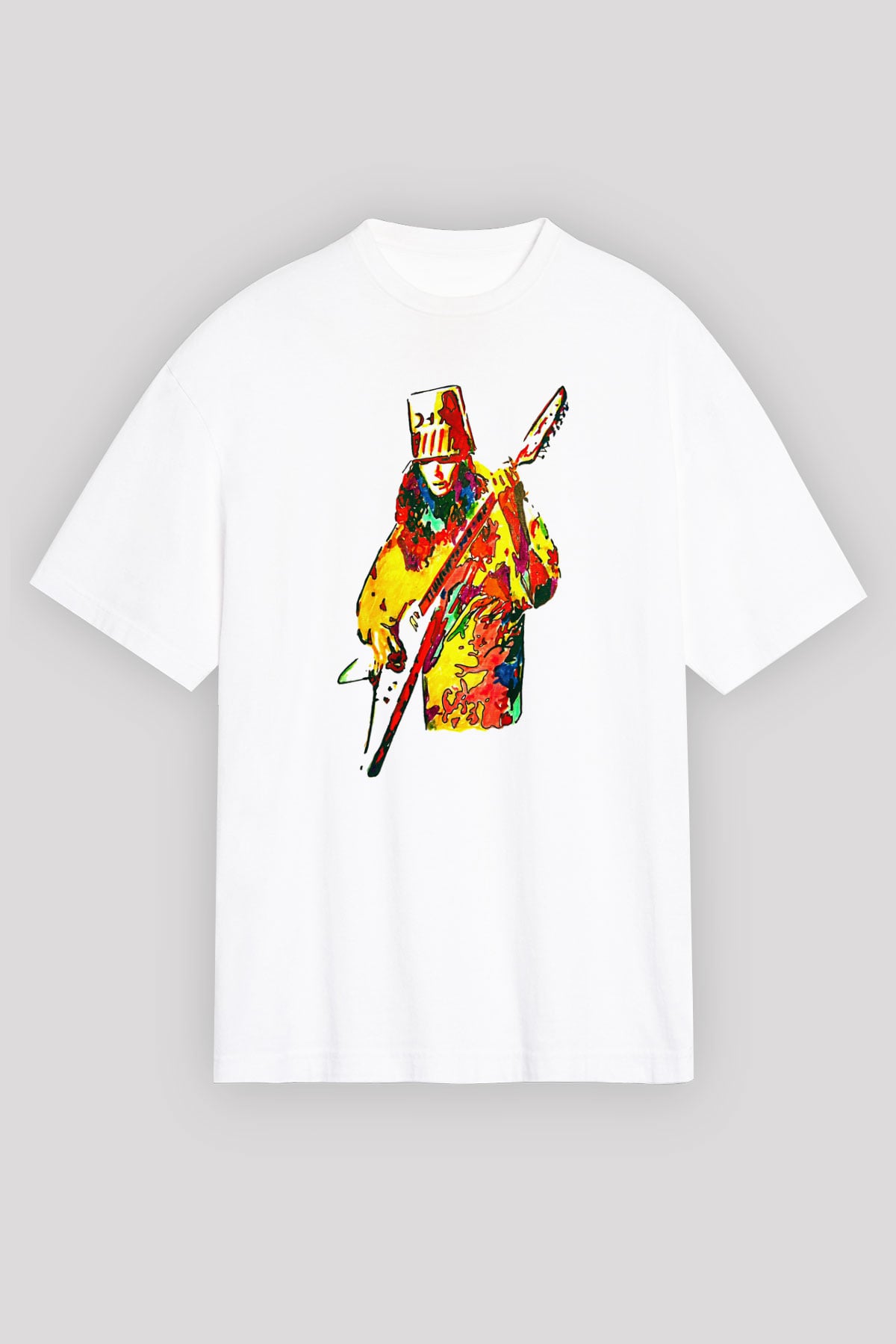 Buckethead Baskılı Beyaz Unisex Oversize Tişört - Tshirt