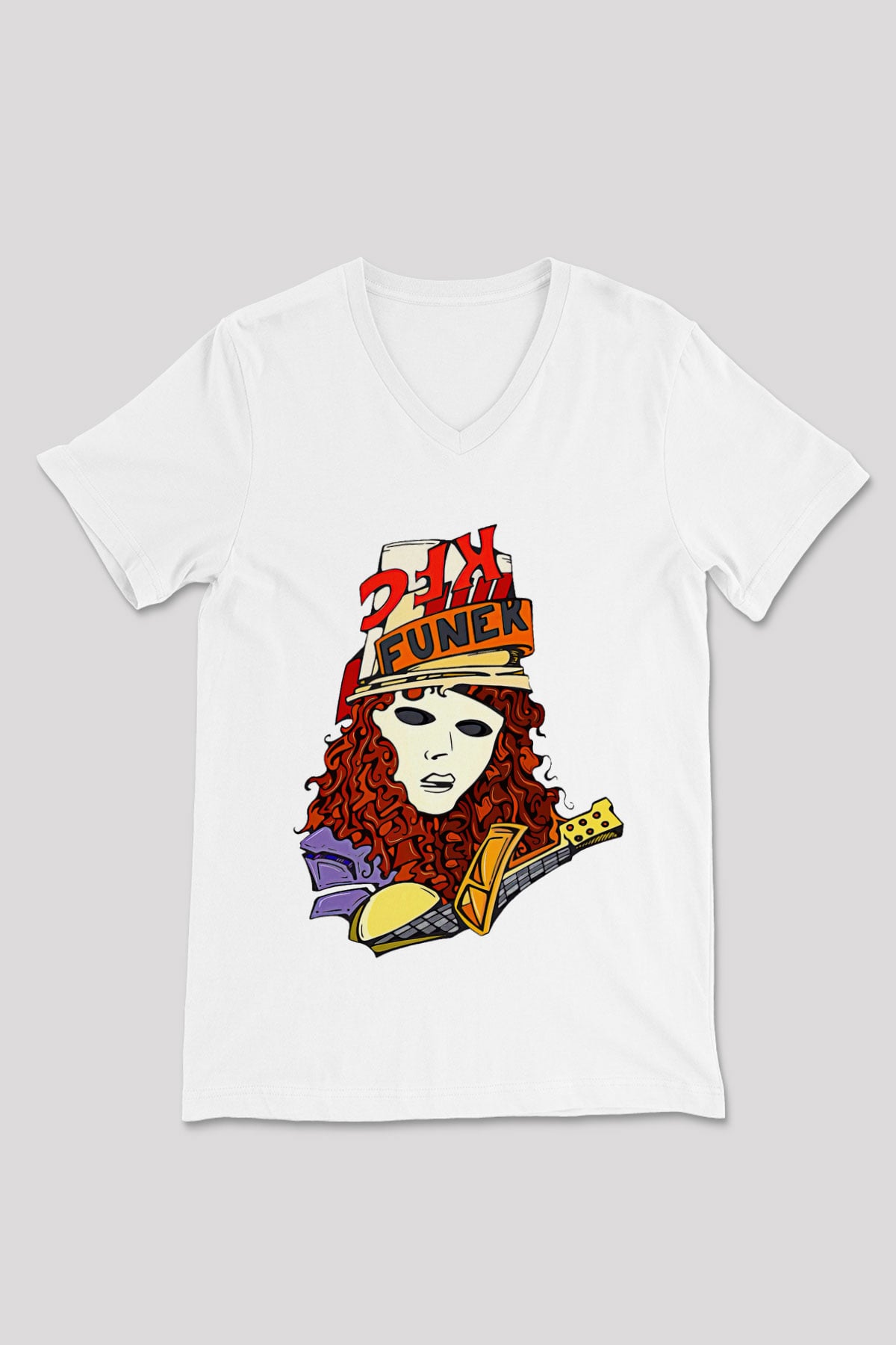 Buckethead Baskılı Beyaz Unisex V Yaka Tişört - Tshirt