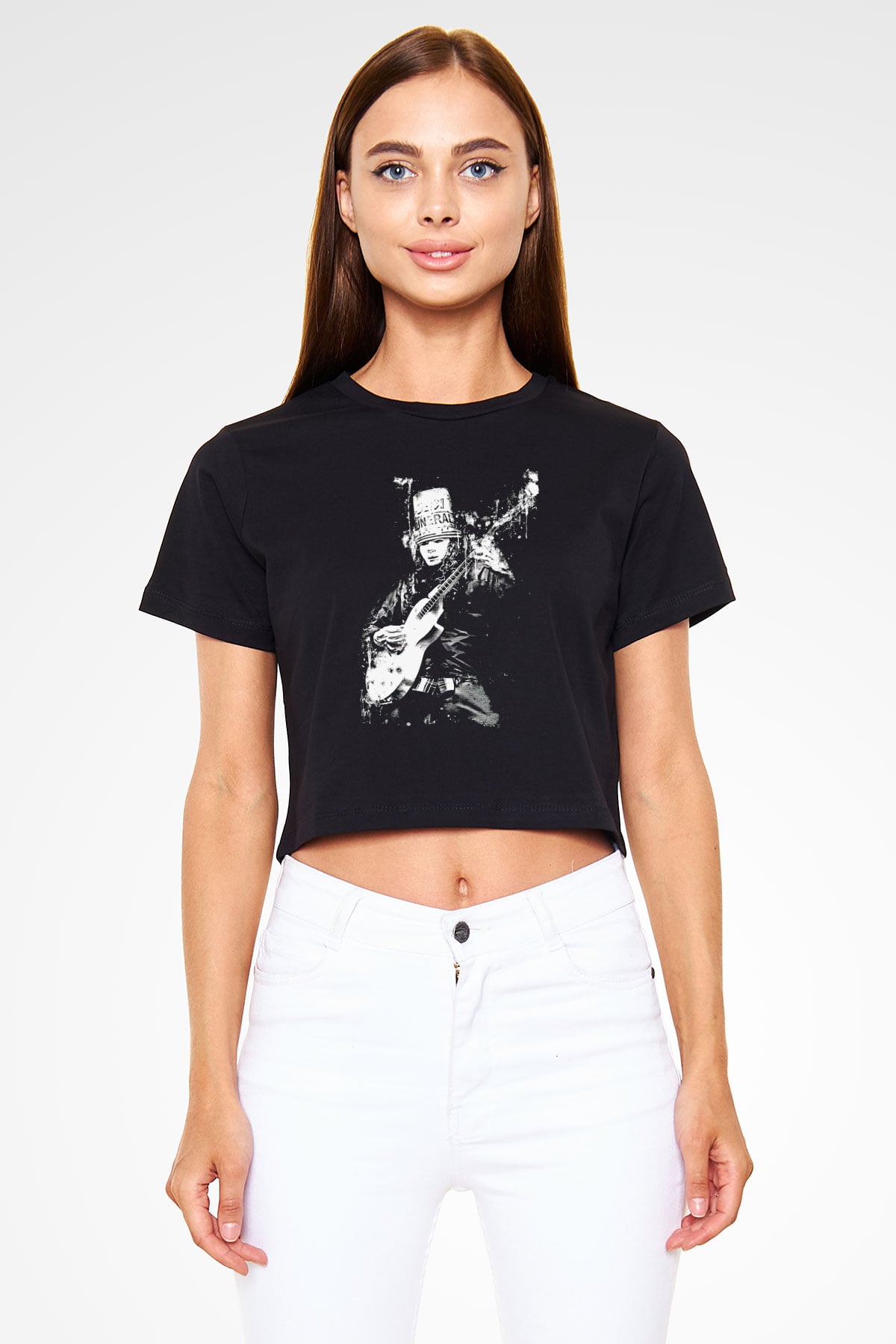 Buckethead Baskılı Siyah Crop Top Kadın Tişört - Tshirt