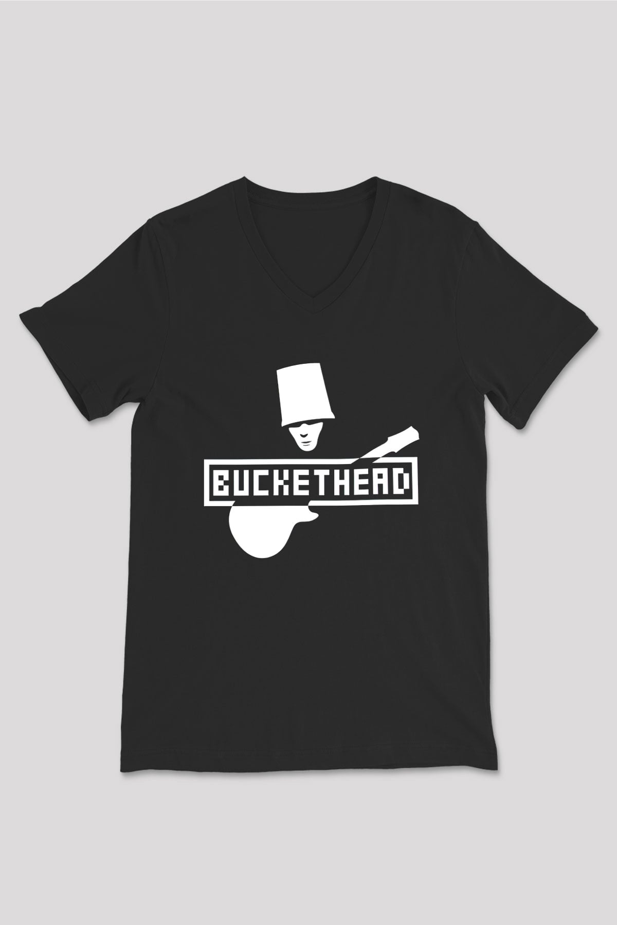Buckethead Baskılı Unisex Siyah V Yaka Tişört - Tshirt