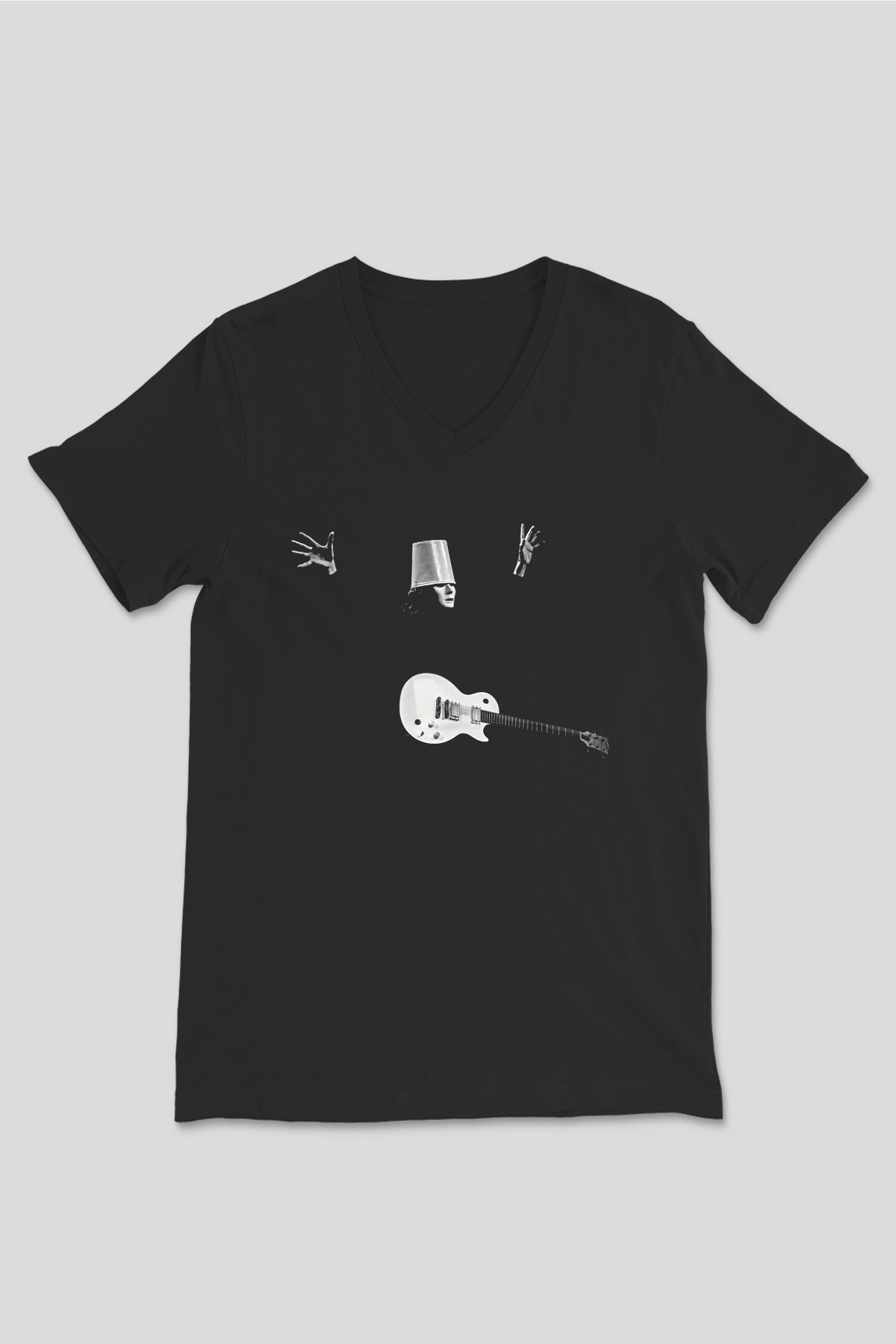 Buckethead Baskılı Unisex Siyah V Yaka Tişört - Tshirt