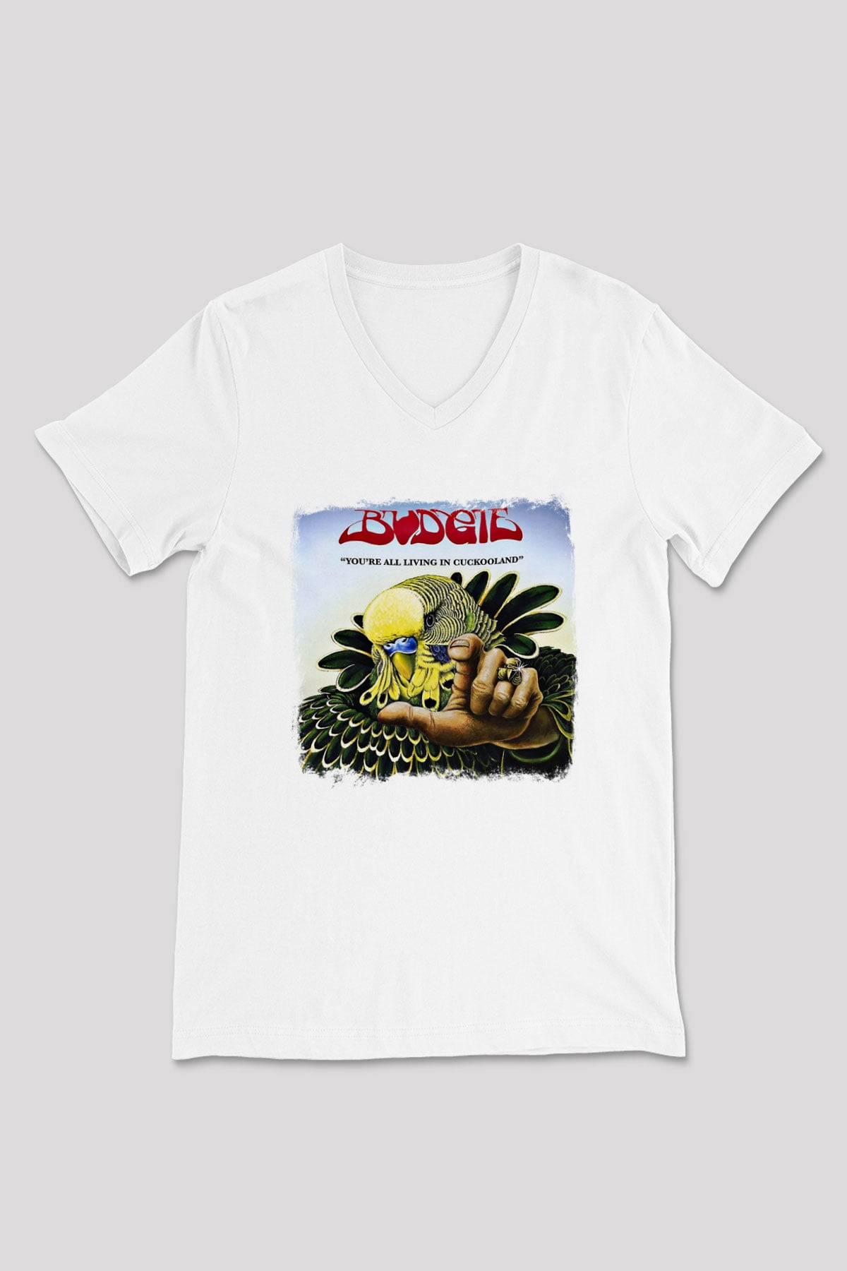 Budgie Baskılı Unisex Beyaz V Yaka Tişört