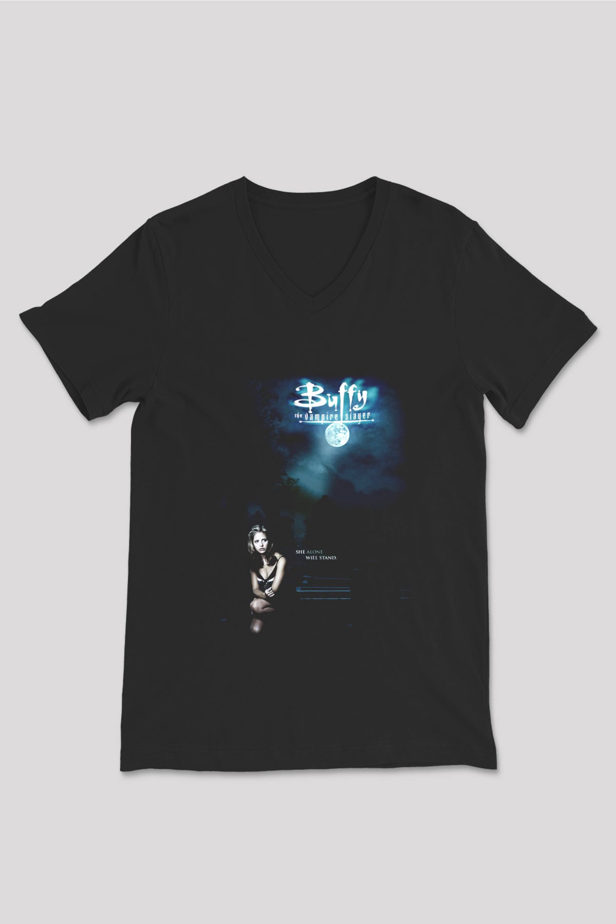 Buffy the Vampire Slayer Siyah Unisex V Yaka Tişört T-Shirt