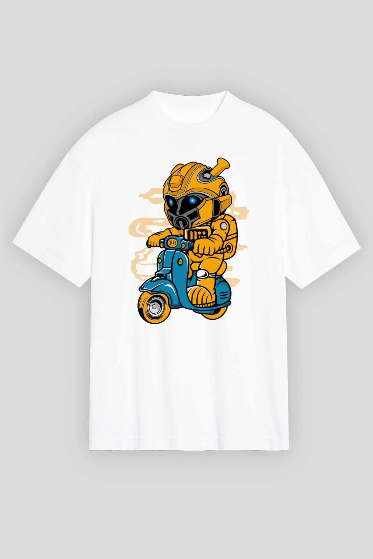 Bumble Bee Scooter Baskılı Unisex Beyaz Oversize Tişört