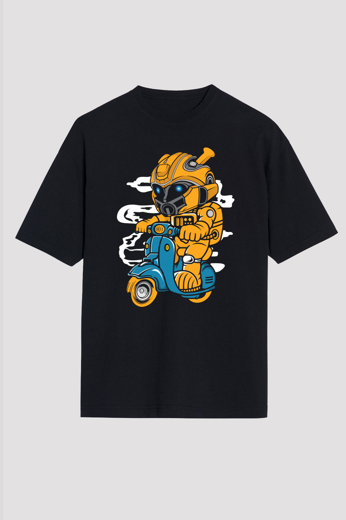 Bumble Bee Scooter Baskılı Unisex Siyah Oversize Tişört