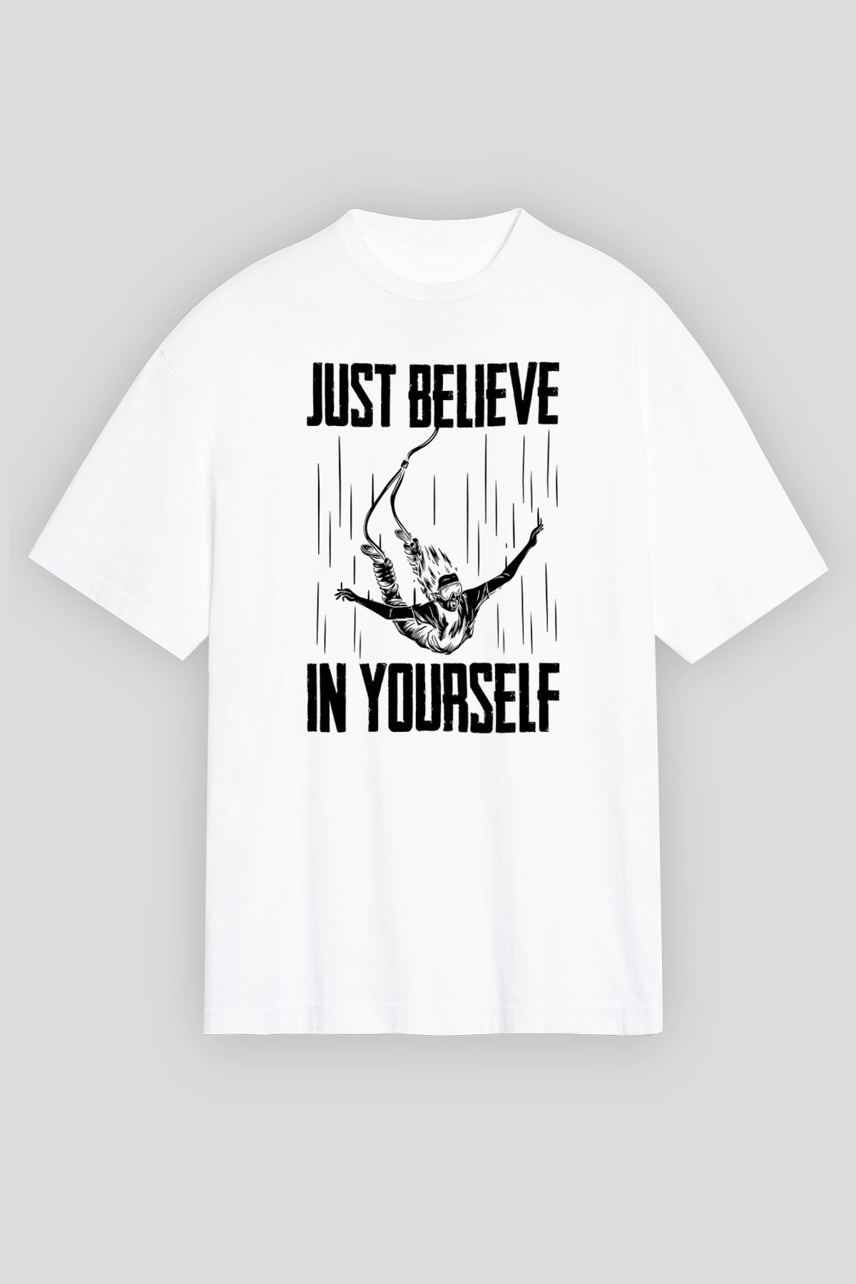 Bungee Jumping Baskılı Unisex Beyaz Oversize Tişört - Tshirt