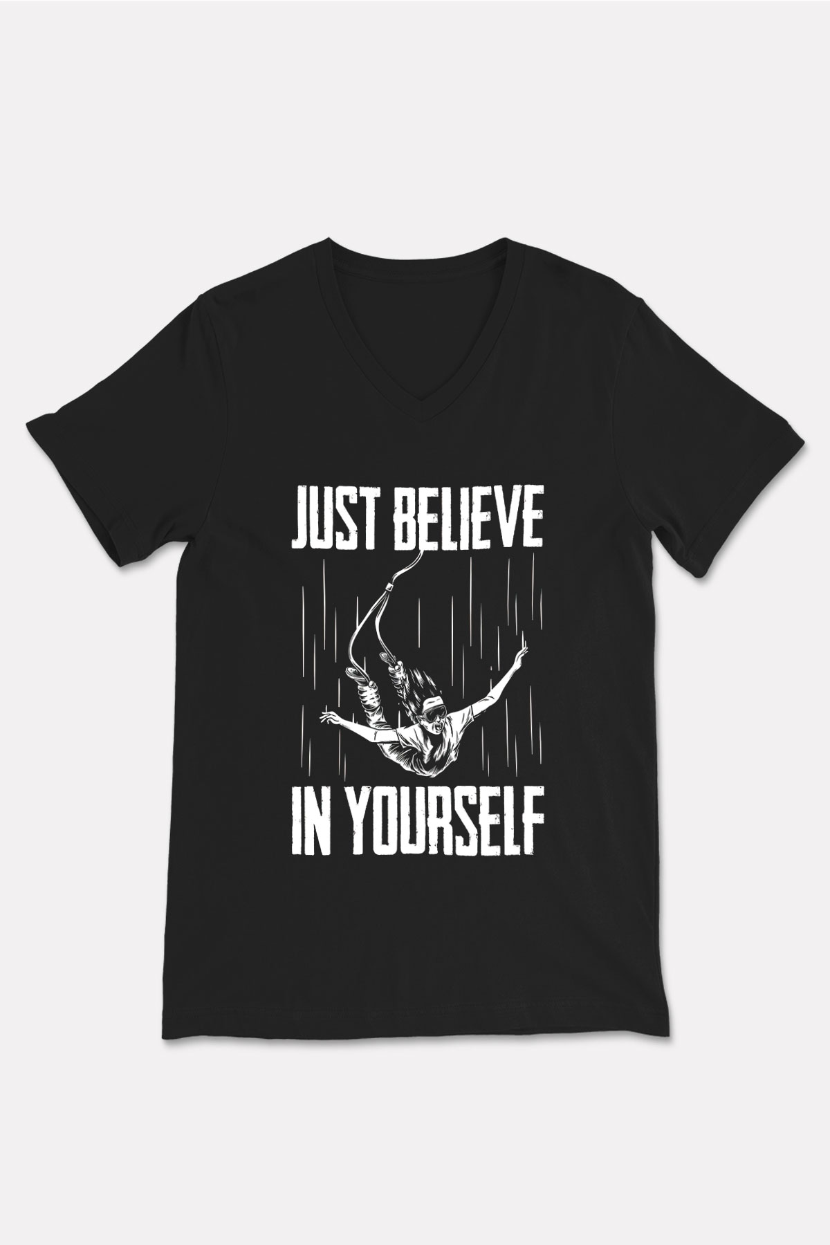 Bungee Jumping Baskılı Unisex Siyah V Yaka Tişört