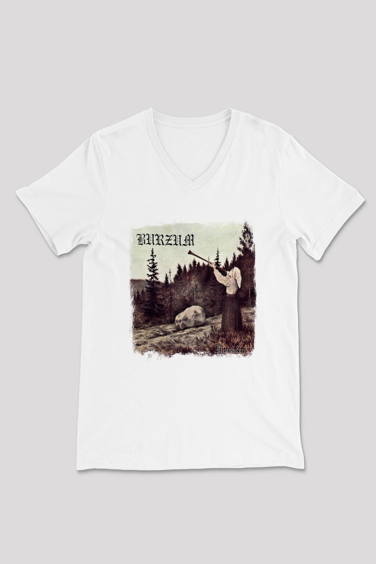 Burzum Baskılı Unisex Beyaz V Yaka Tişört