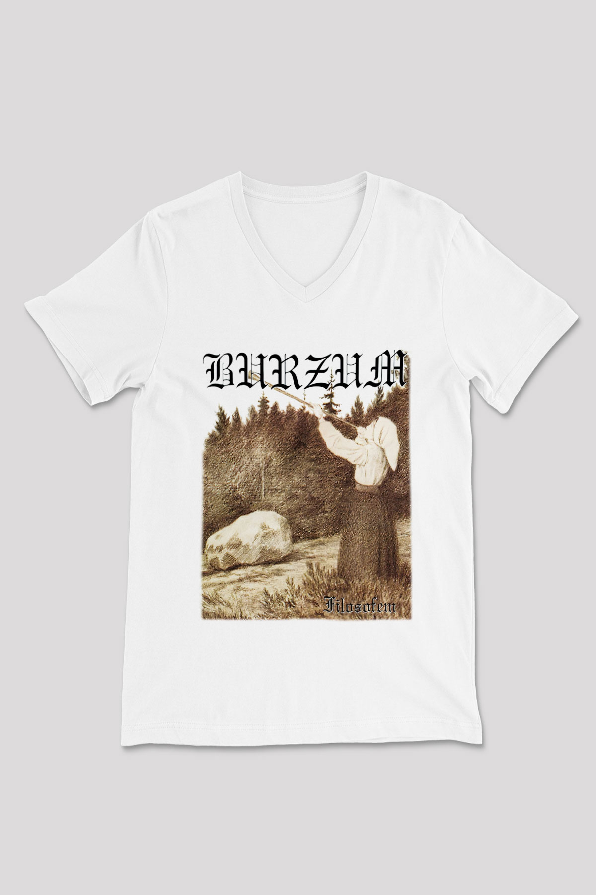 Burzum Beyaz Unisex V Yaka Tişört T-Shirt