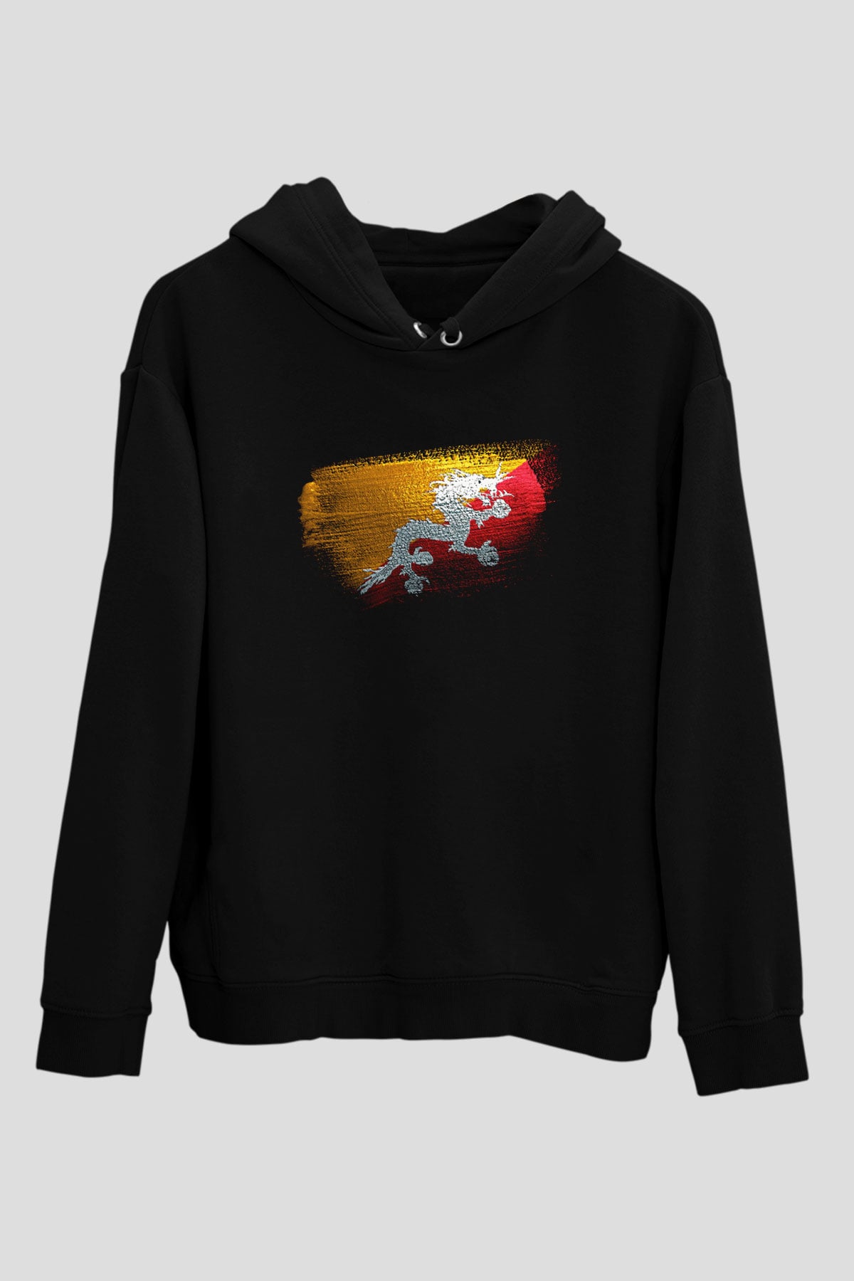 Butan - Bhutan Bayrağı Baskılı Unisex Siyah Hoodie
