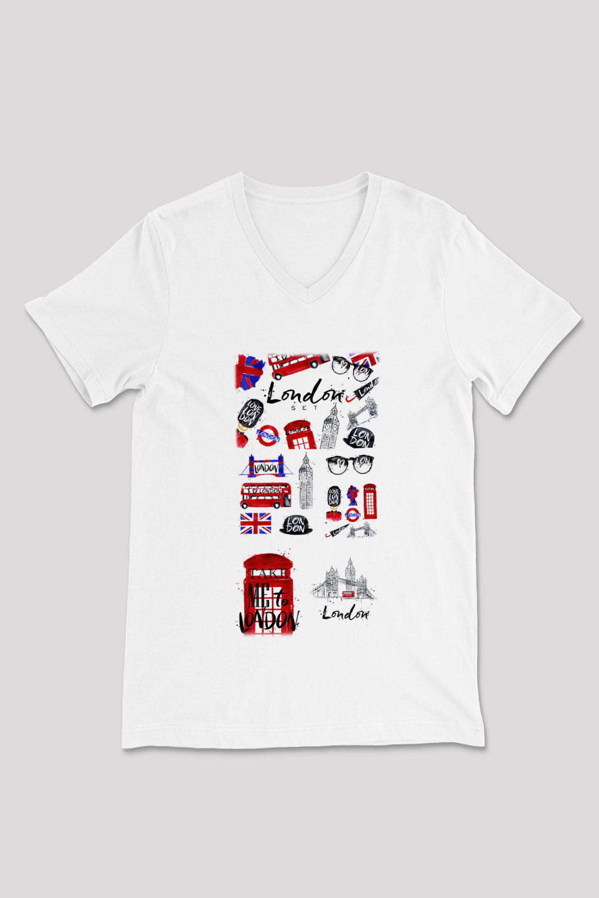 Büyük Britanya Beyaz Unisex V Yaka Tişört T-Shirt