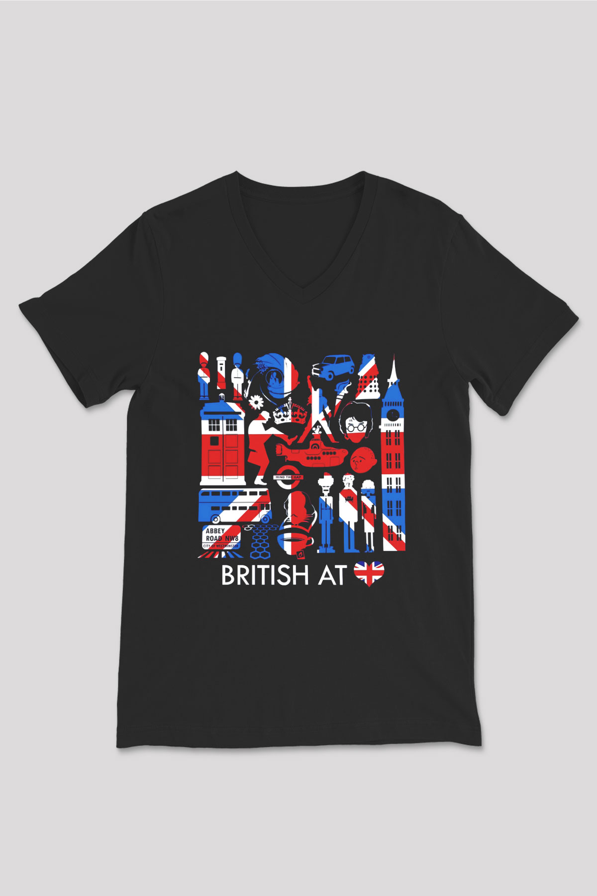 Büyük Britanya Siyah Unisex V Yaka Tişört T-Shirt