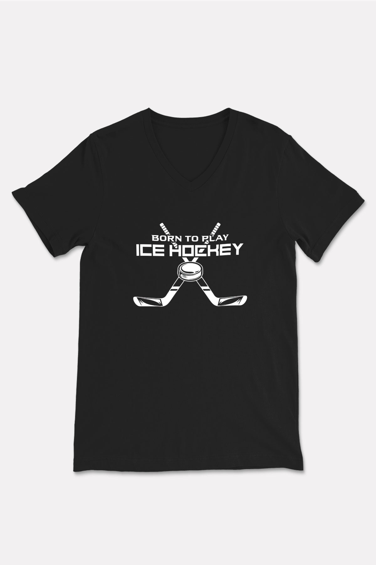 Buz Hokeyi - Ice Hockey Baskılı Unisex Siyah V Yaka Tişört