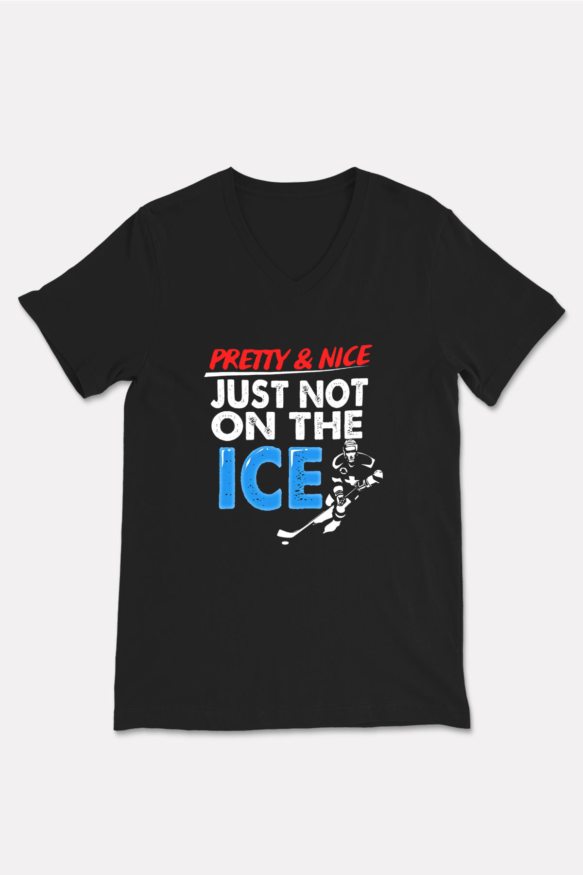Buz Hokeyi - Ice Hockey Baskılı Unisex Siyah V Yaka Tişört