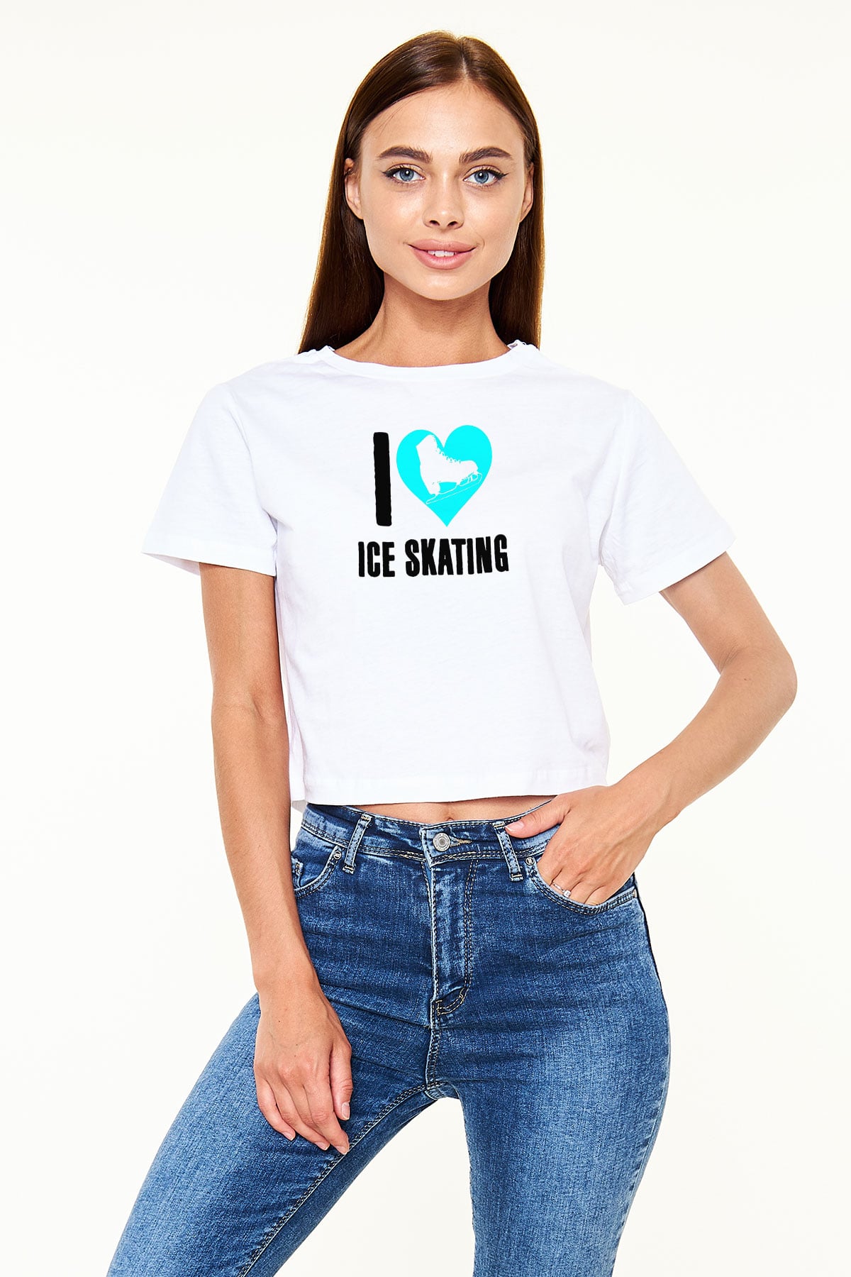 Buz Pateni Baskılı Crop Top Beyaz Tişört - T-shirt