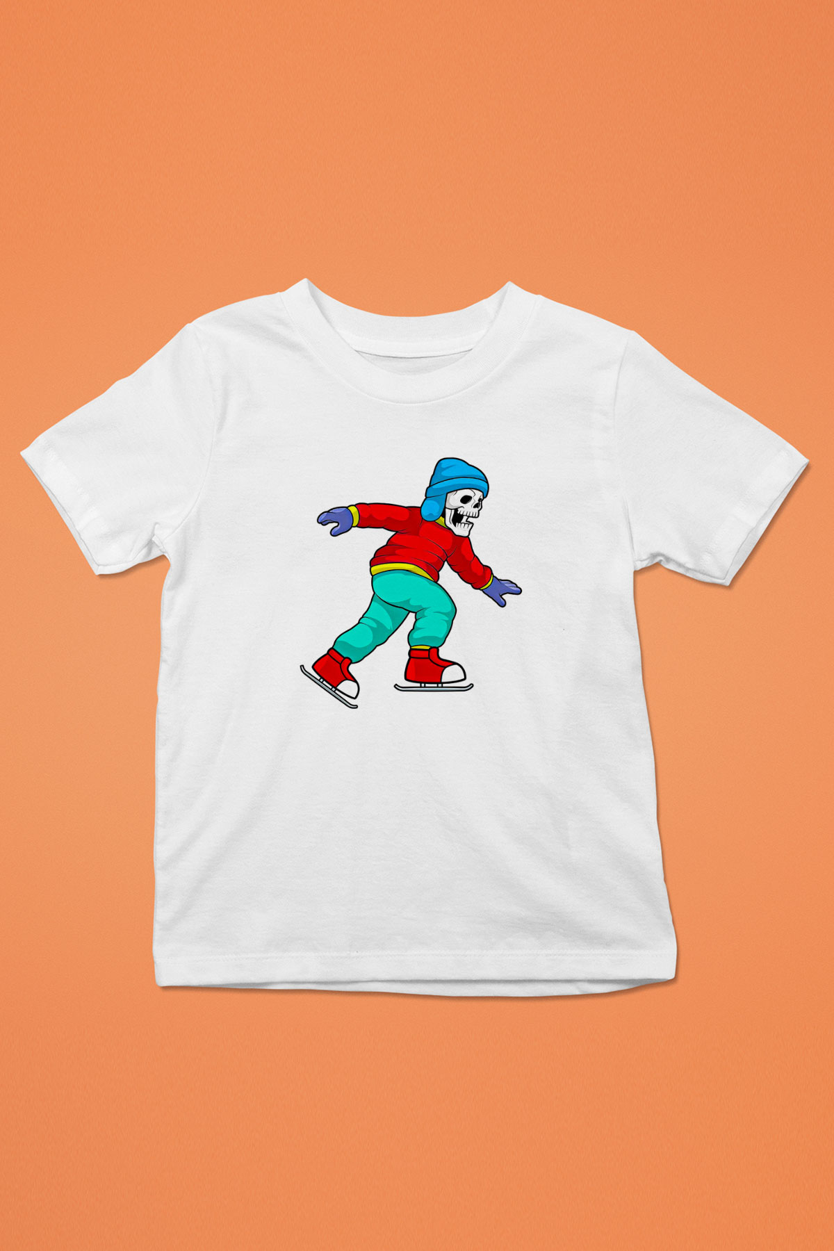 Buz Pateni Baskılı Unisex Beyaz Çocuk Tişört - Tshirt