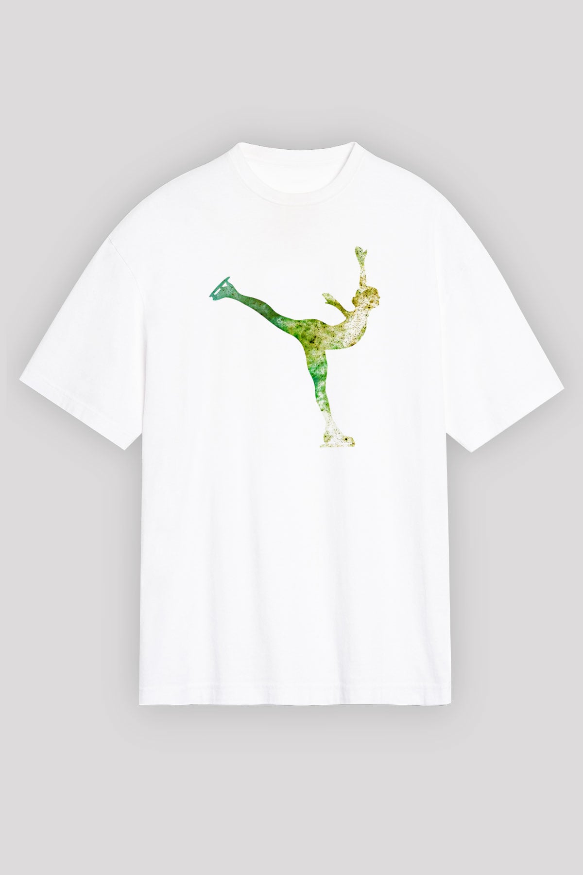 Buz Pateni Baskılı Unisex Beyaz Oversize Tişört - Tshirt