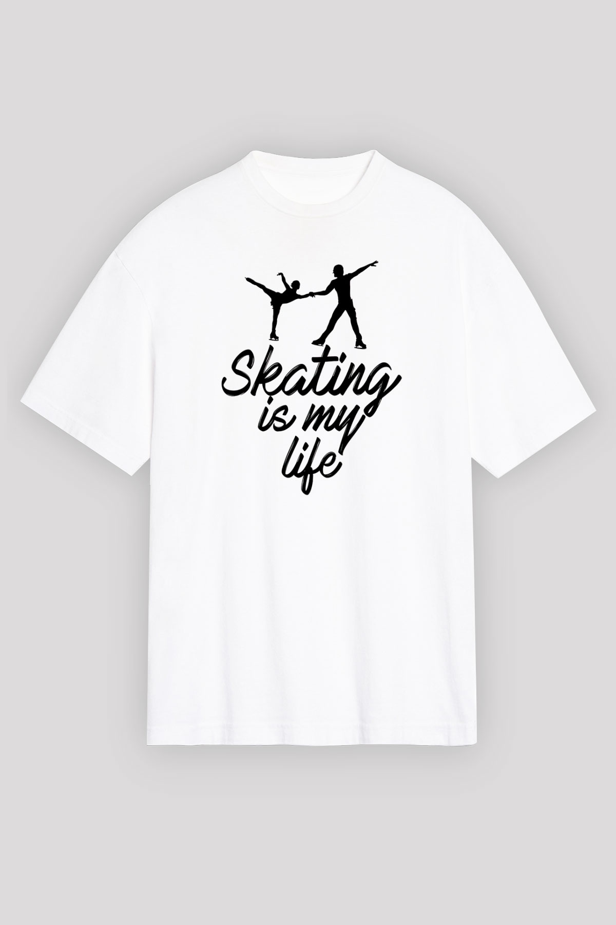 Buz Pateni Baskılı Unisex Beyaz Oversize Tişört - Tshirt