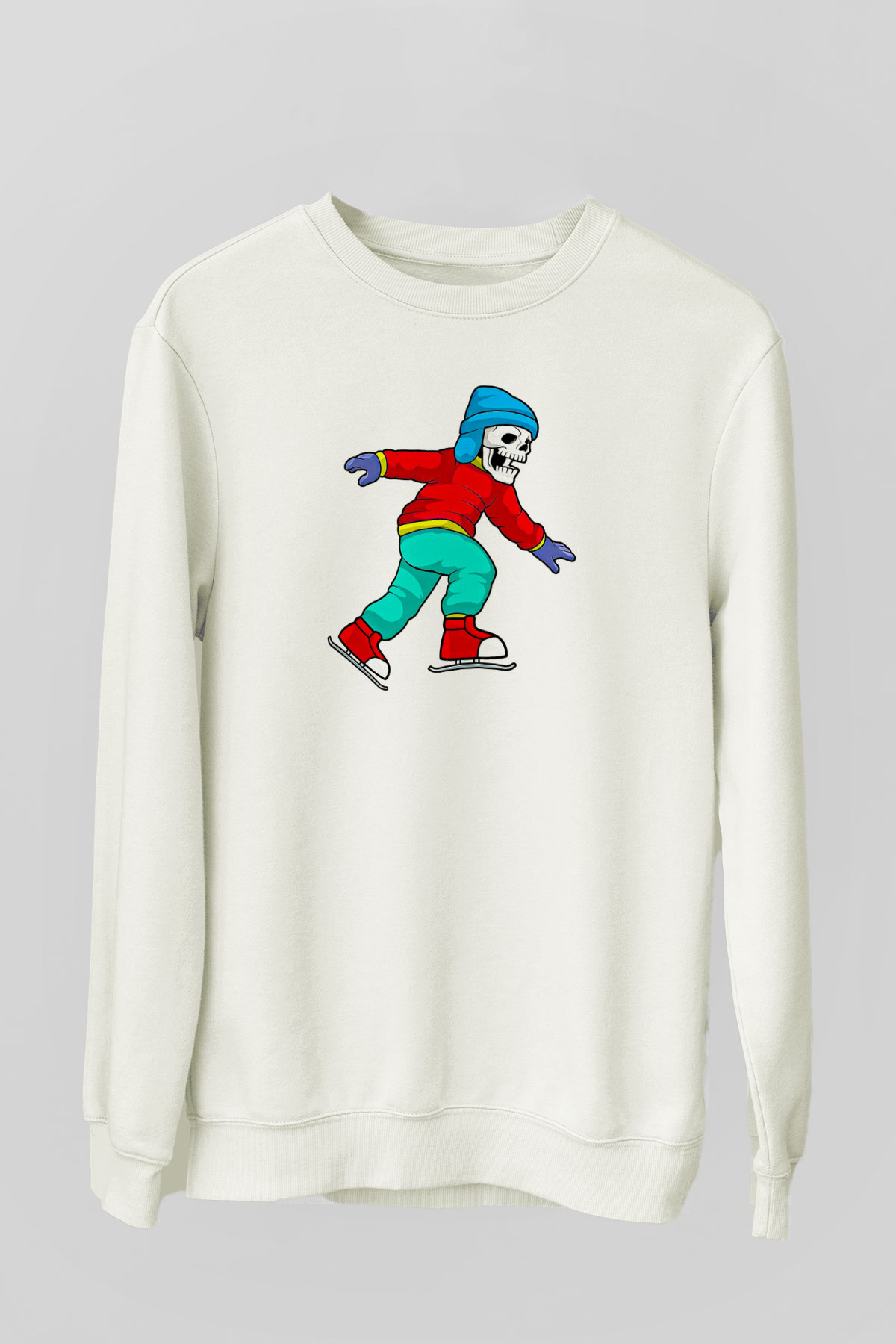 Buz Pateni Baskılı Unisex Ekru Sweatshirt