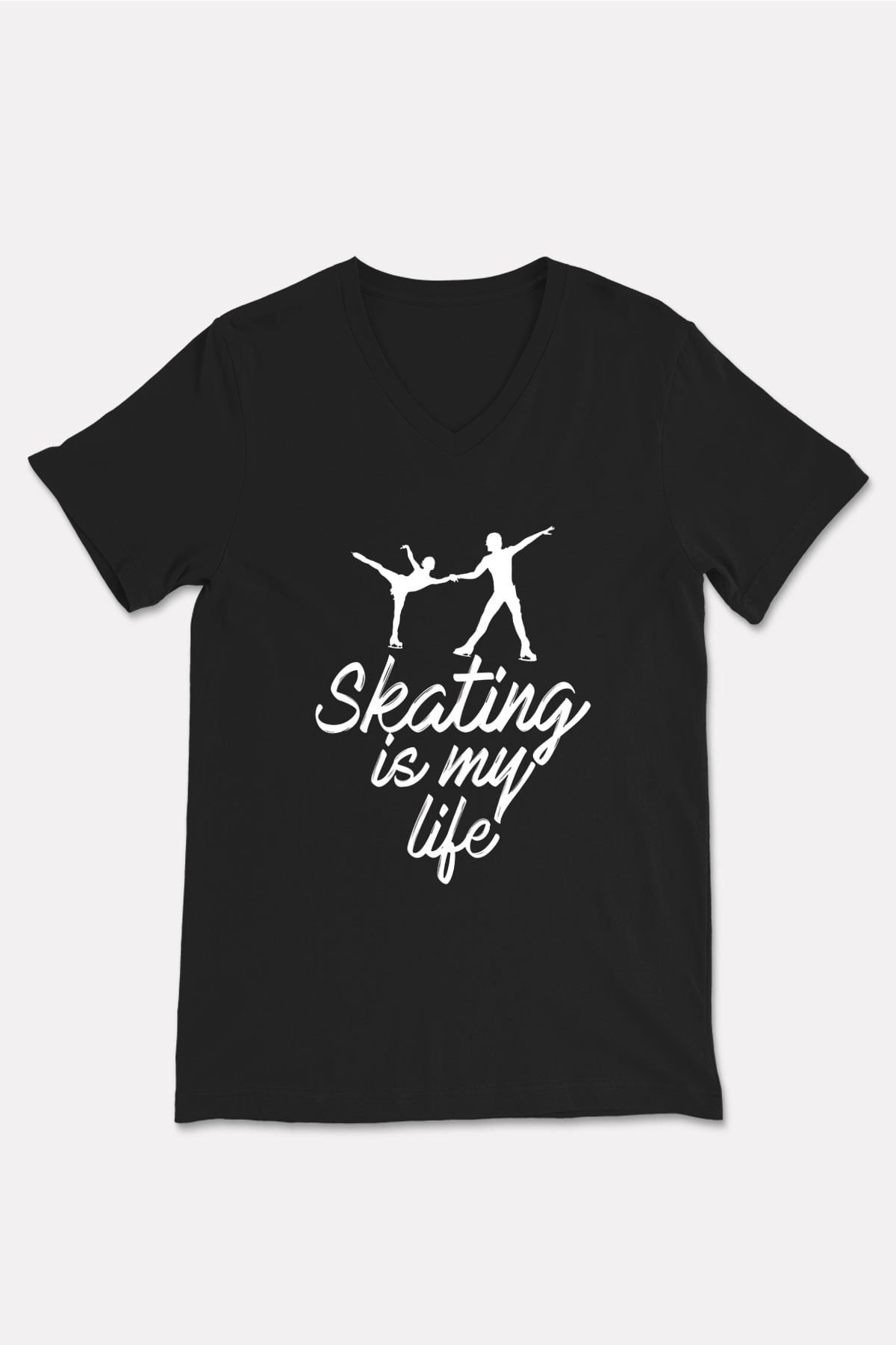 Buz Pateni - Ice skating Baskılı Unisex Siyah V Yaka Tişört