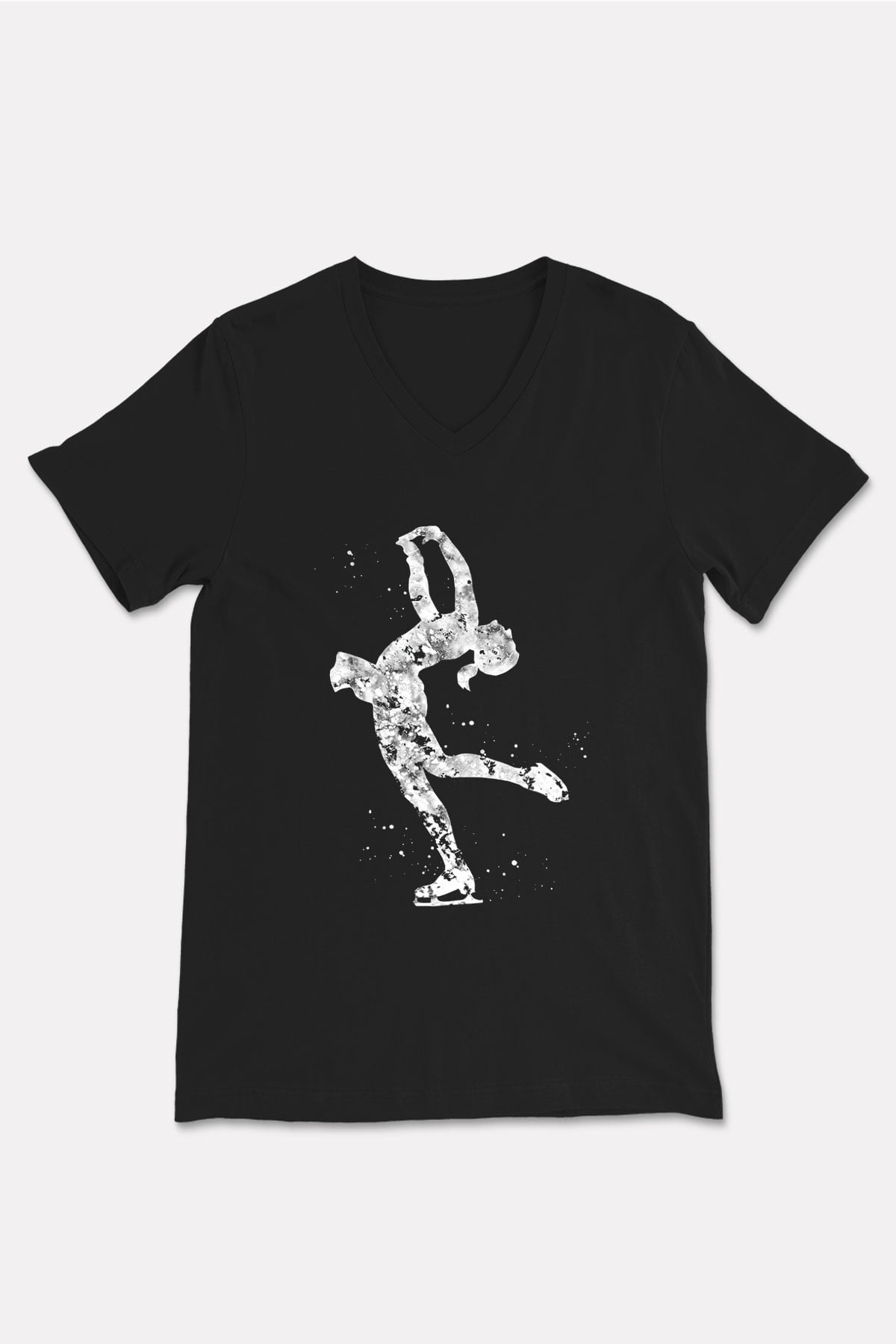 Buz Pateni - Ice skating Baskılı Unisex Siyah V Yaka Tişört