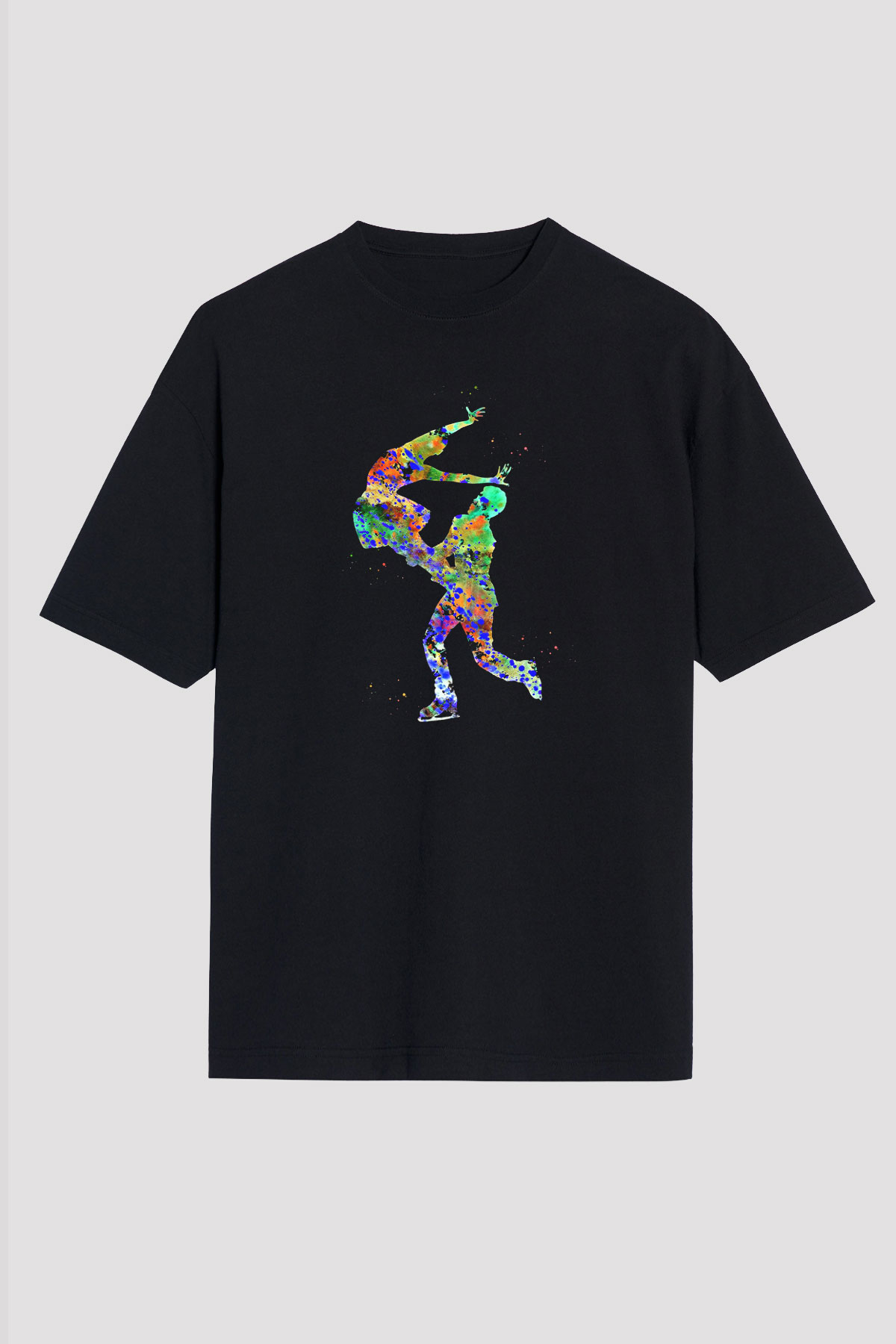 Buz Pateni - Ice skating Baskılı Unisex Siyah Oversize Tişört