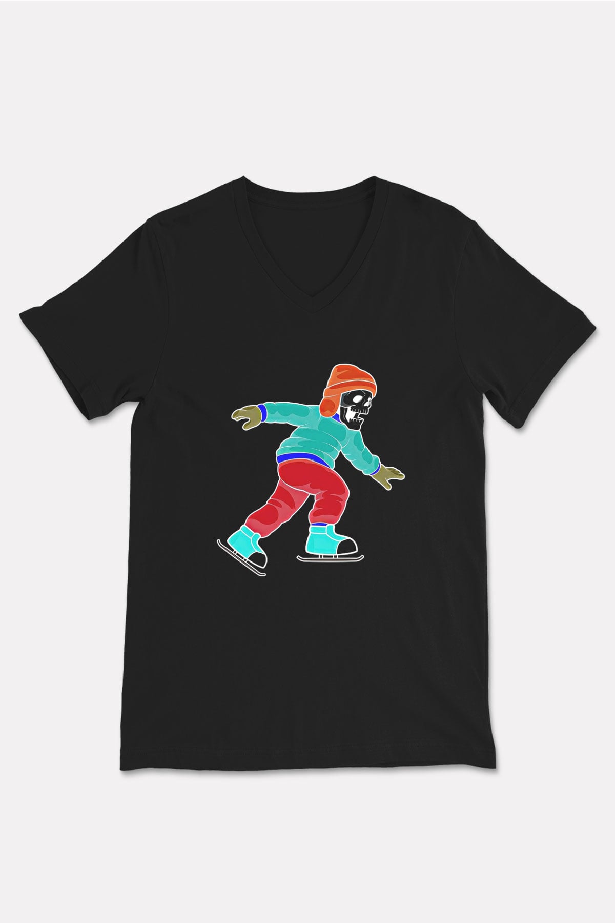 Buz Pateni - Ice skating Baskılı Unisex Siyah V Yaka Tişört
