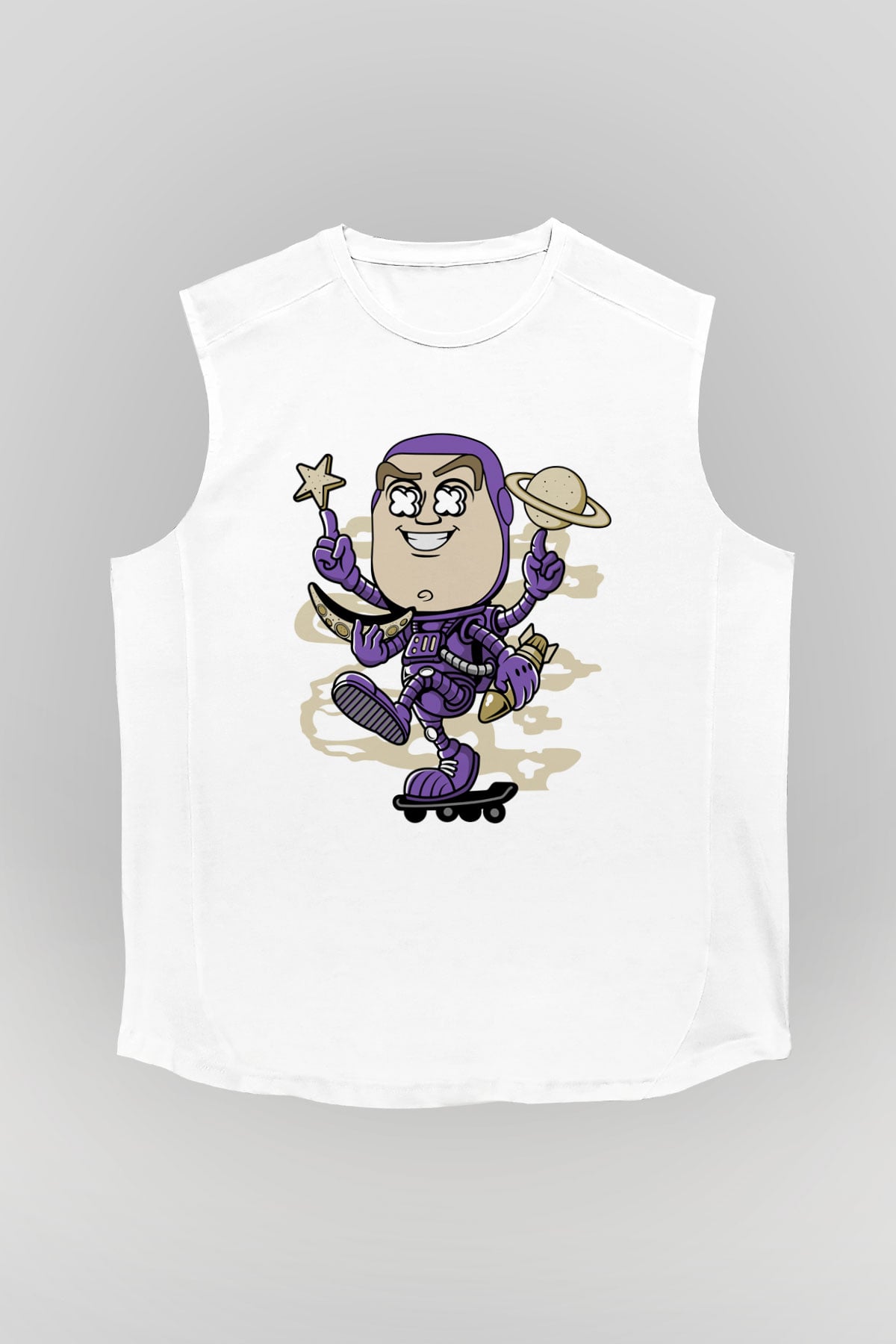 Buzz Skateboard Baskılı Unisex Beyaz Kolsuz Tişört