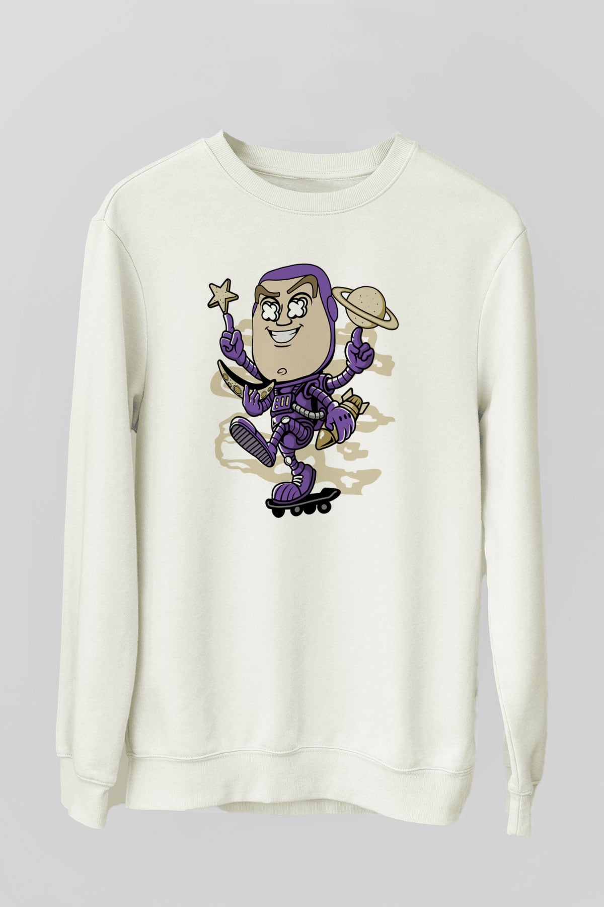 Buzz Skateboard Baskılı Unisex Beyaz Sweatshirt