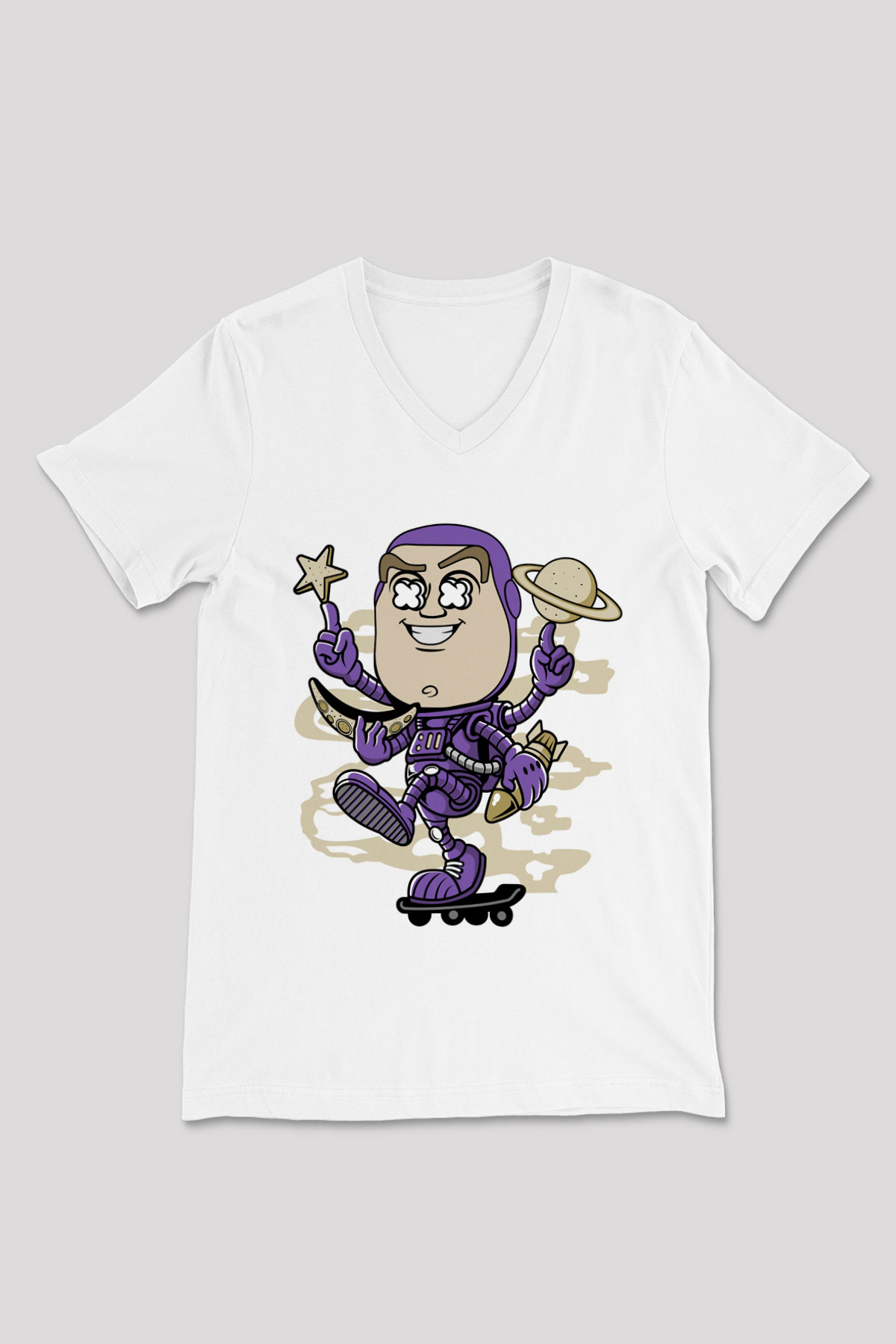 Buzz Skateboard Baskılı Unisex Beyaz V Yaka Tişört