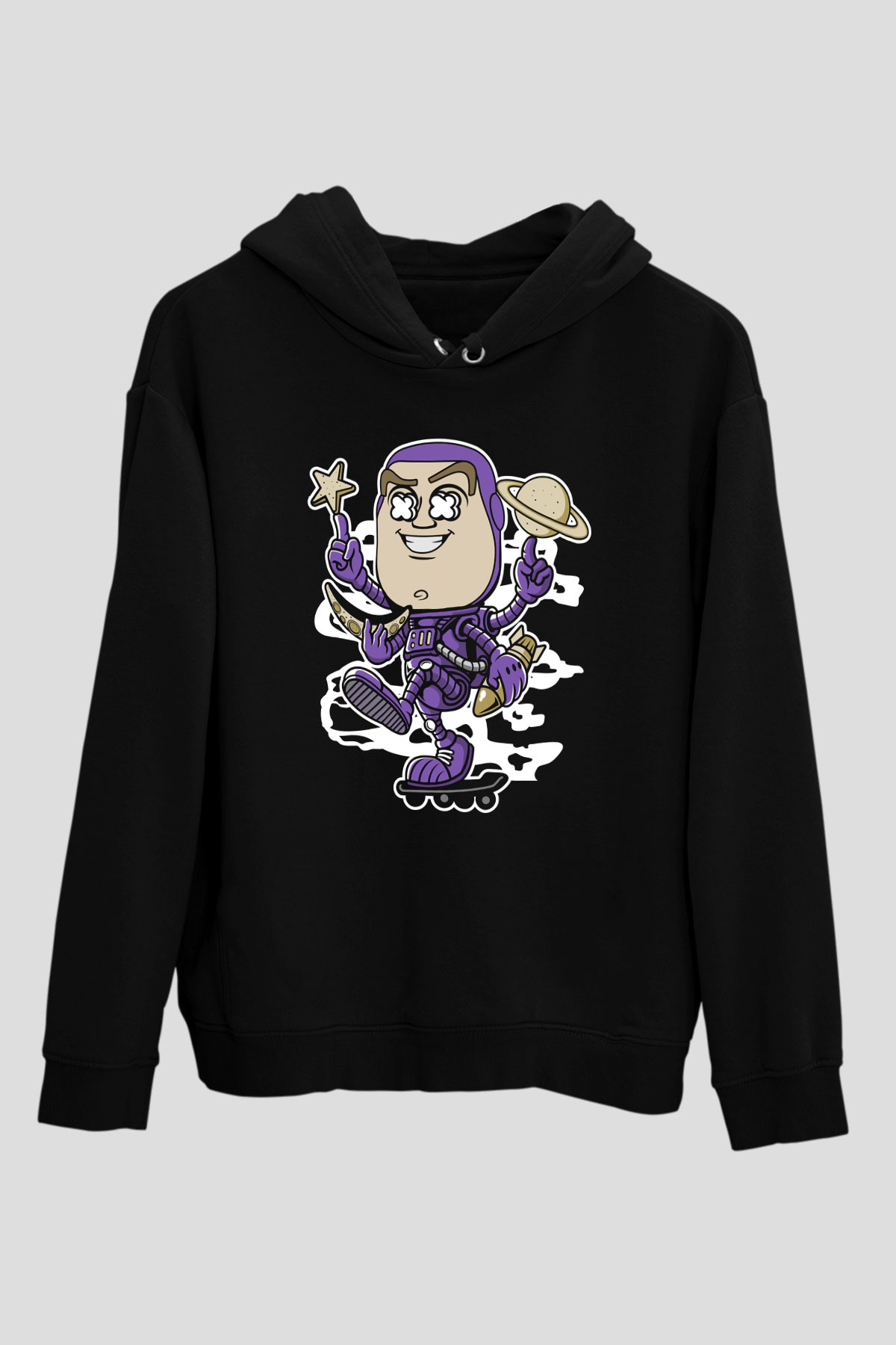 Buzz Skateboard Baskılı Unisex Siyah Hoodie