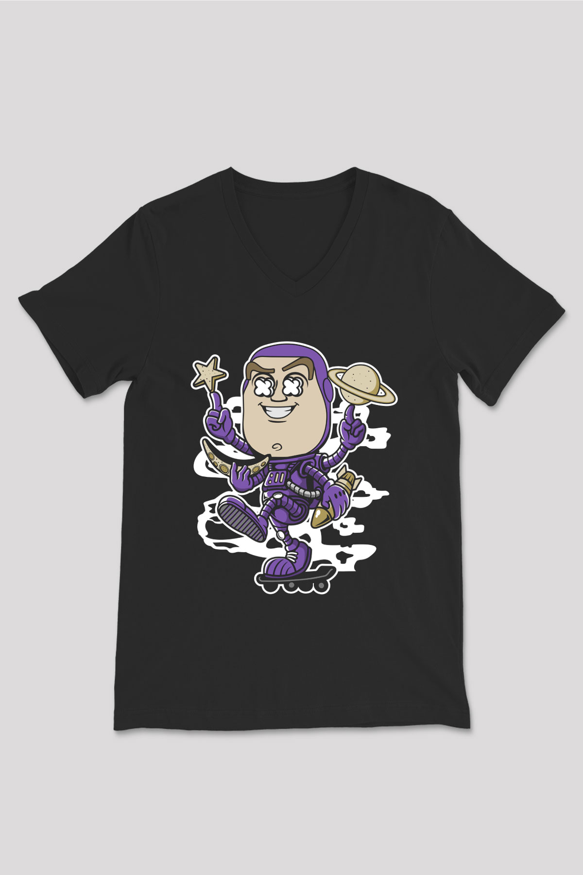 Buzz Skateboard Baskılı Unisex Siyah V Yaka Tişört