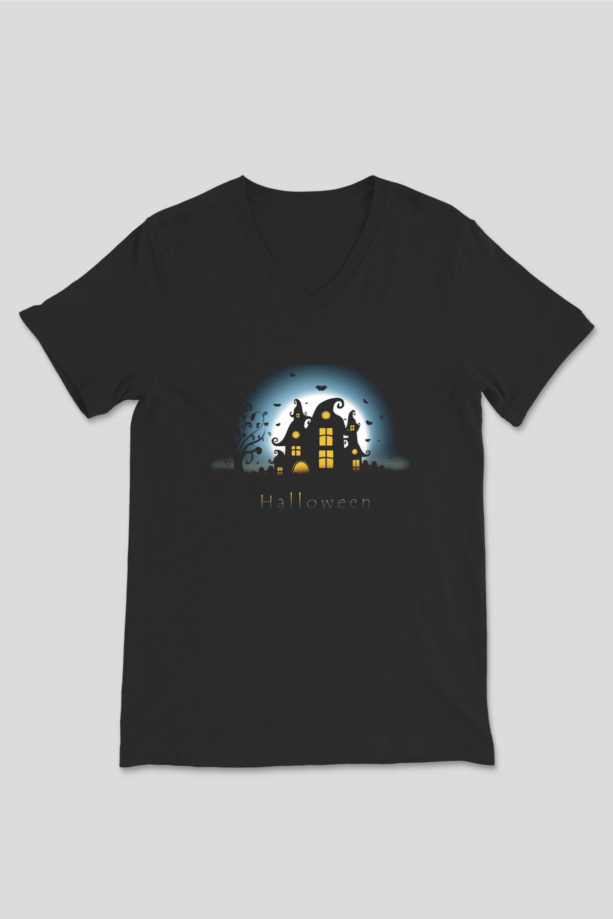 Cadılar Bayramı-Halloween Siyah Unisex V Yaka Tişört T-Shirt
