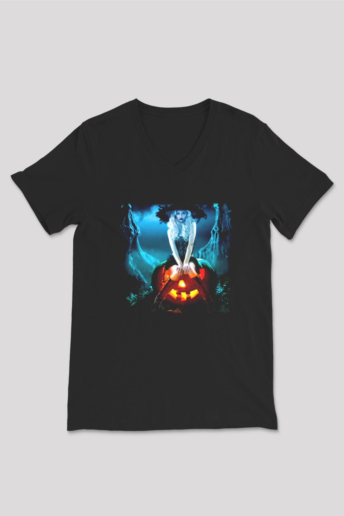 Cadılar Bayramı-Halloween Siyah Unisex V Yaka Tişört T-Shirt