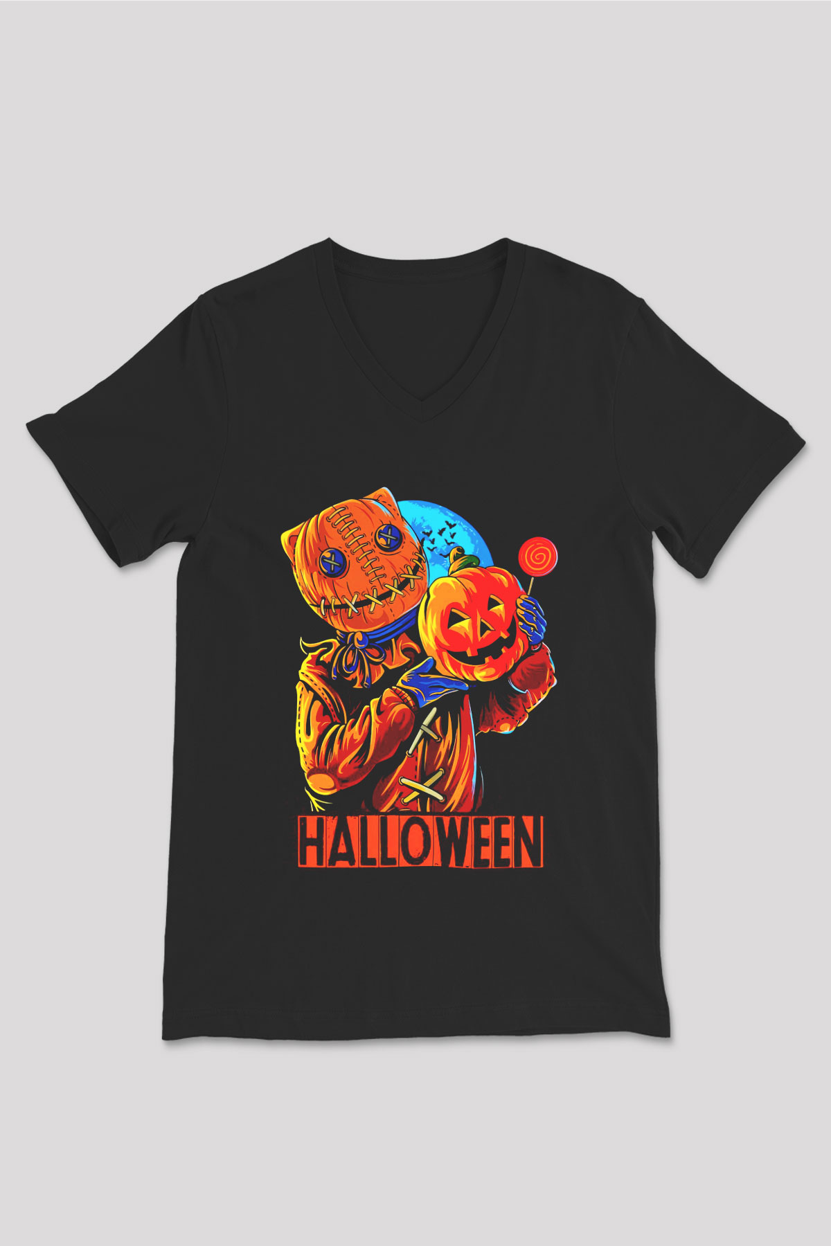 Cadılar Bayramı-Halloween Siyah Unisex V Yaka Tişört