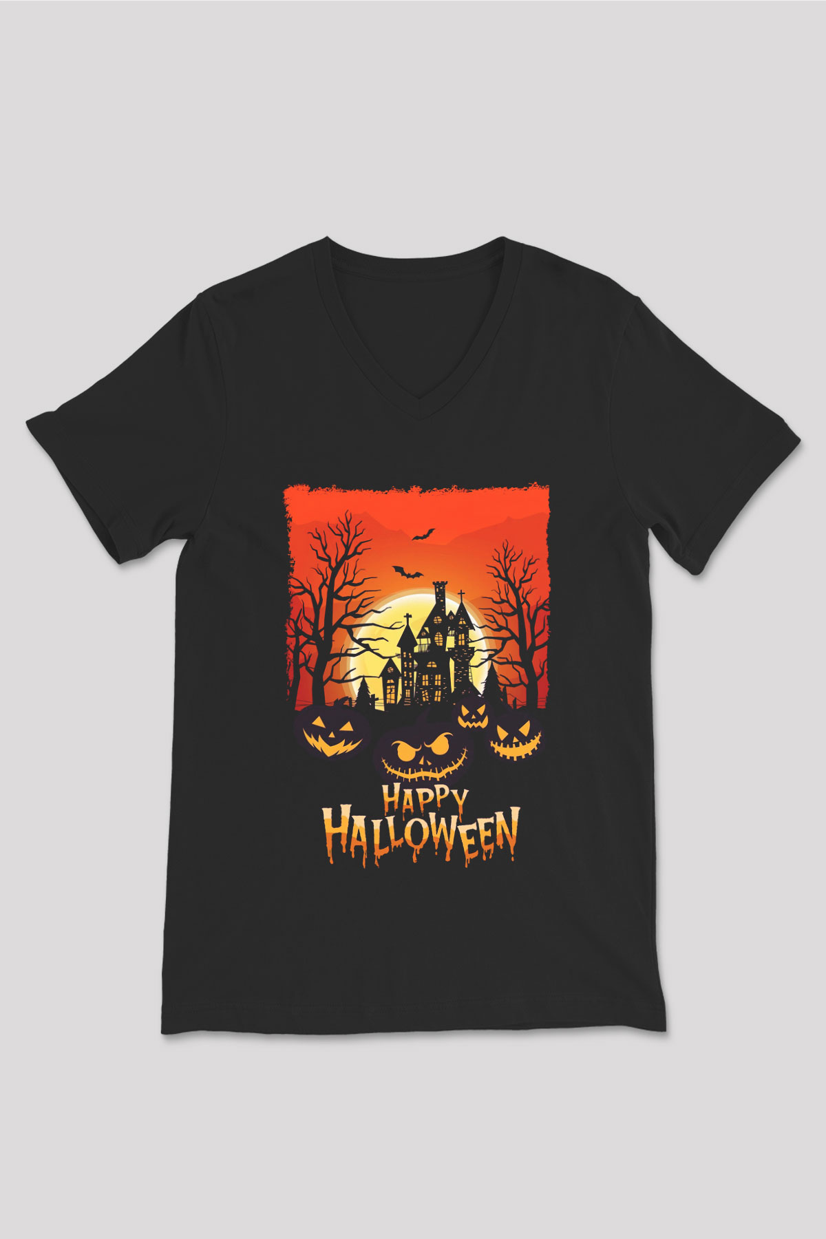 Cadılar Bayramı-Halloween Siyah Unisex V Yaka Tişört